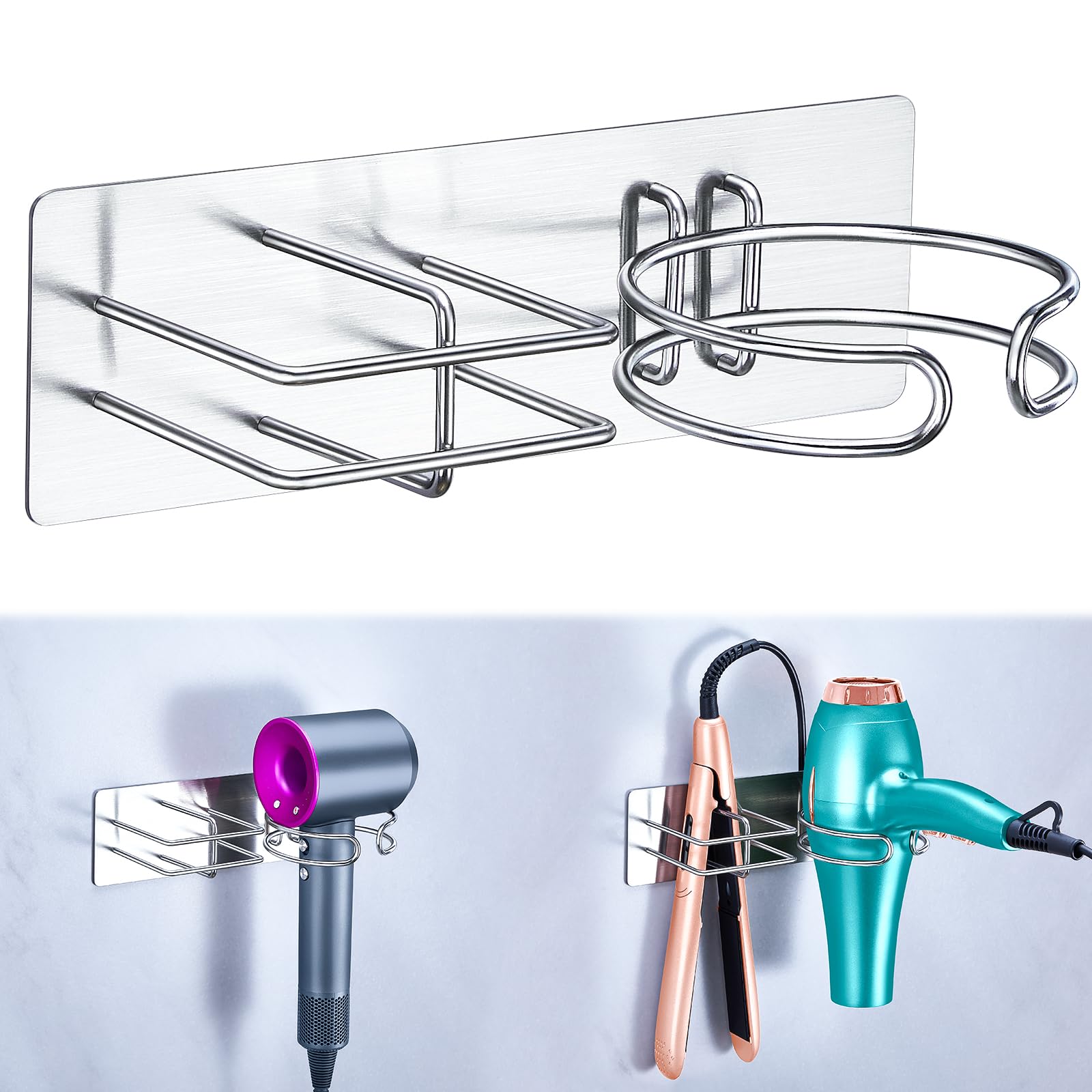 XILIMEN Hair Dryer and Straightener Holder Wall Mounted, Self Adhesive Metal Blow Dryer and Flat Iron Curler Storage Organiser Stand for Dressing Table Bathroom (Silver) — image 1