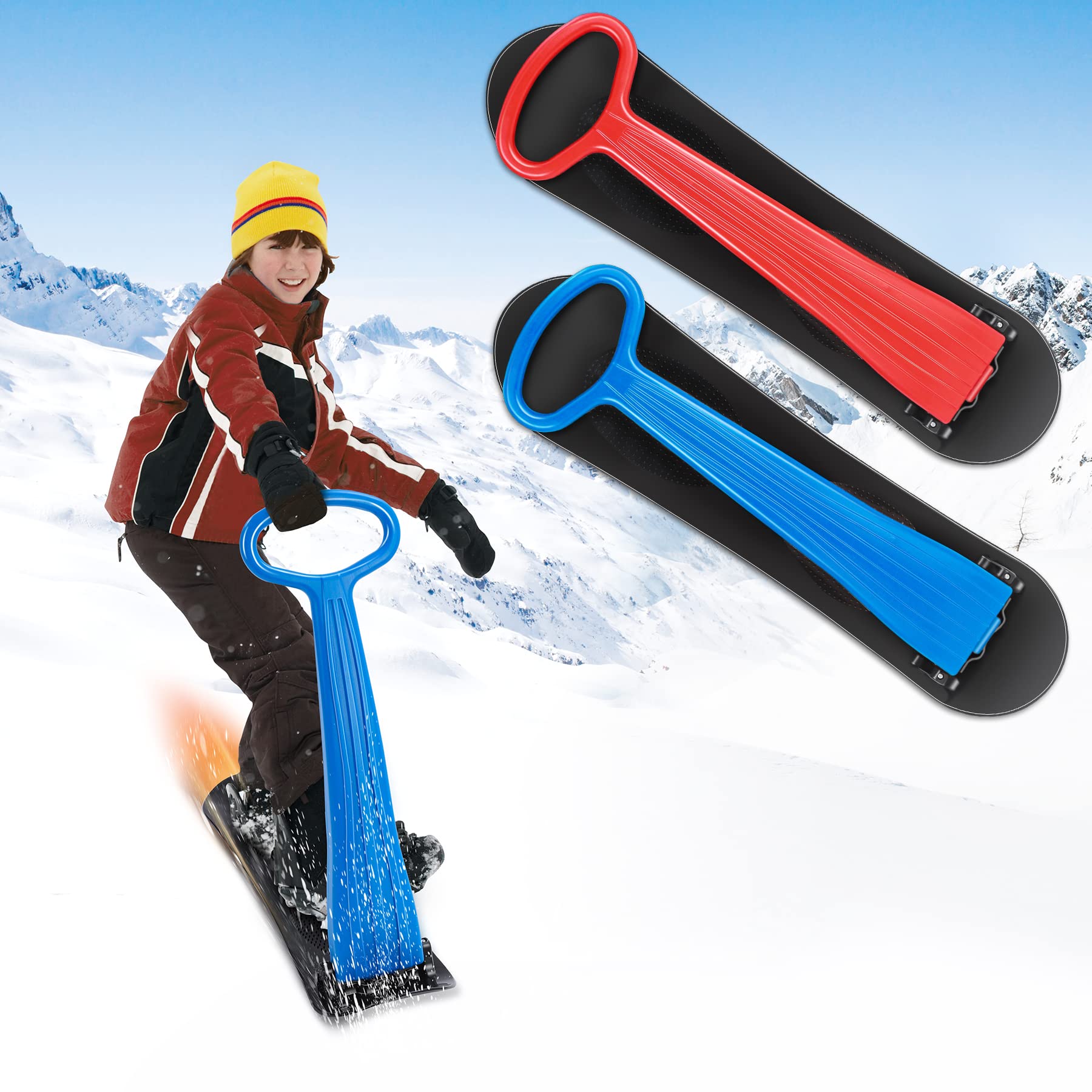 Snow Sled, Fold-up Snow Scooter with Handle Durable Snowboard Kick-Scooter Sliding Snow Sled for Kids Outdoor Fun Winter Toys for Use On Snow Sand and Grass,Red & Blue