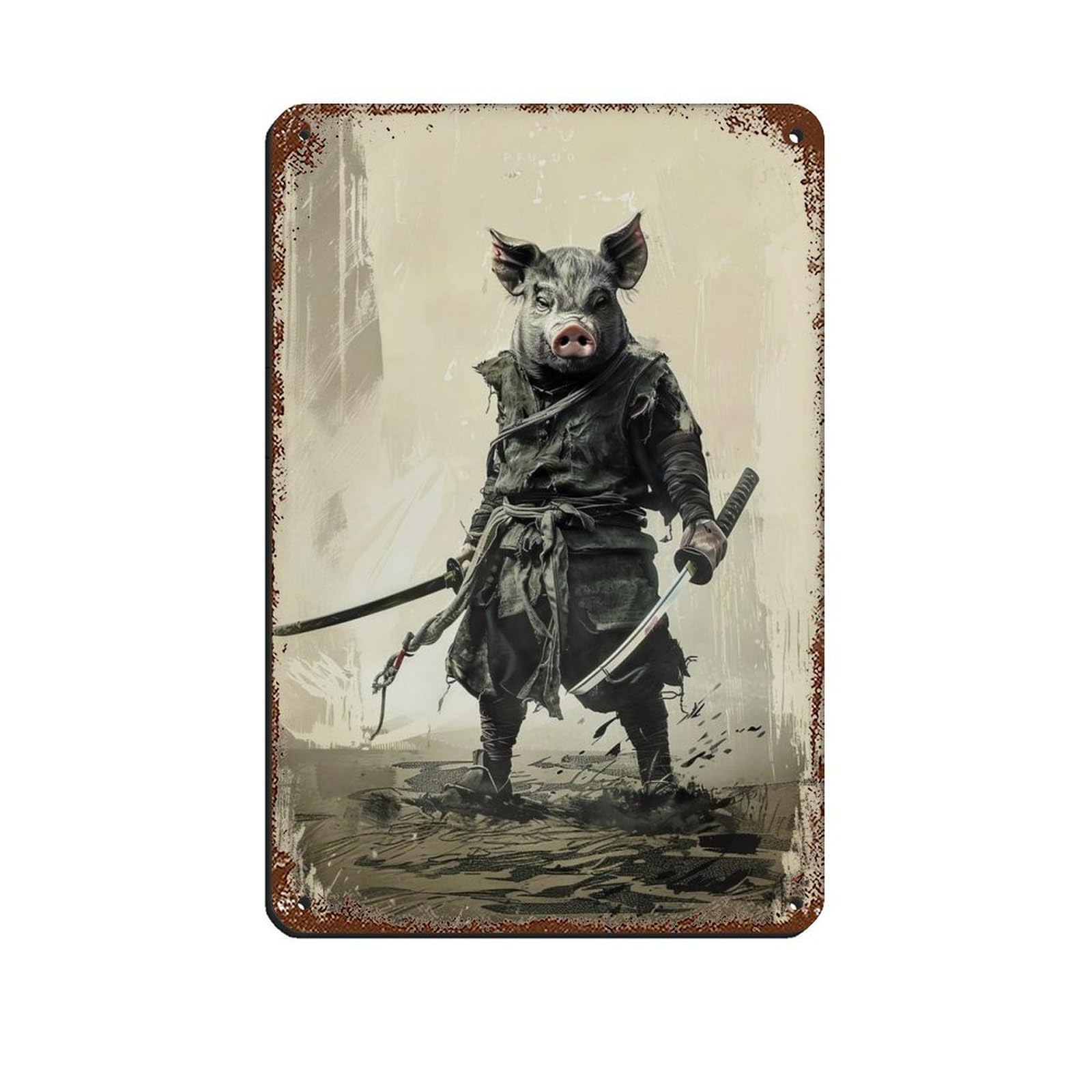 Ninja Pig Holding A Katana Sword Tin Sign Vintage Metal Pub Club Cafe Bar Home Wall Art Decoration Poster Retro 8x12inch(20x30cm)