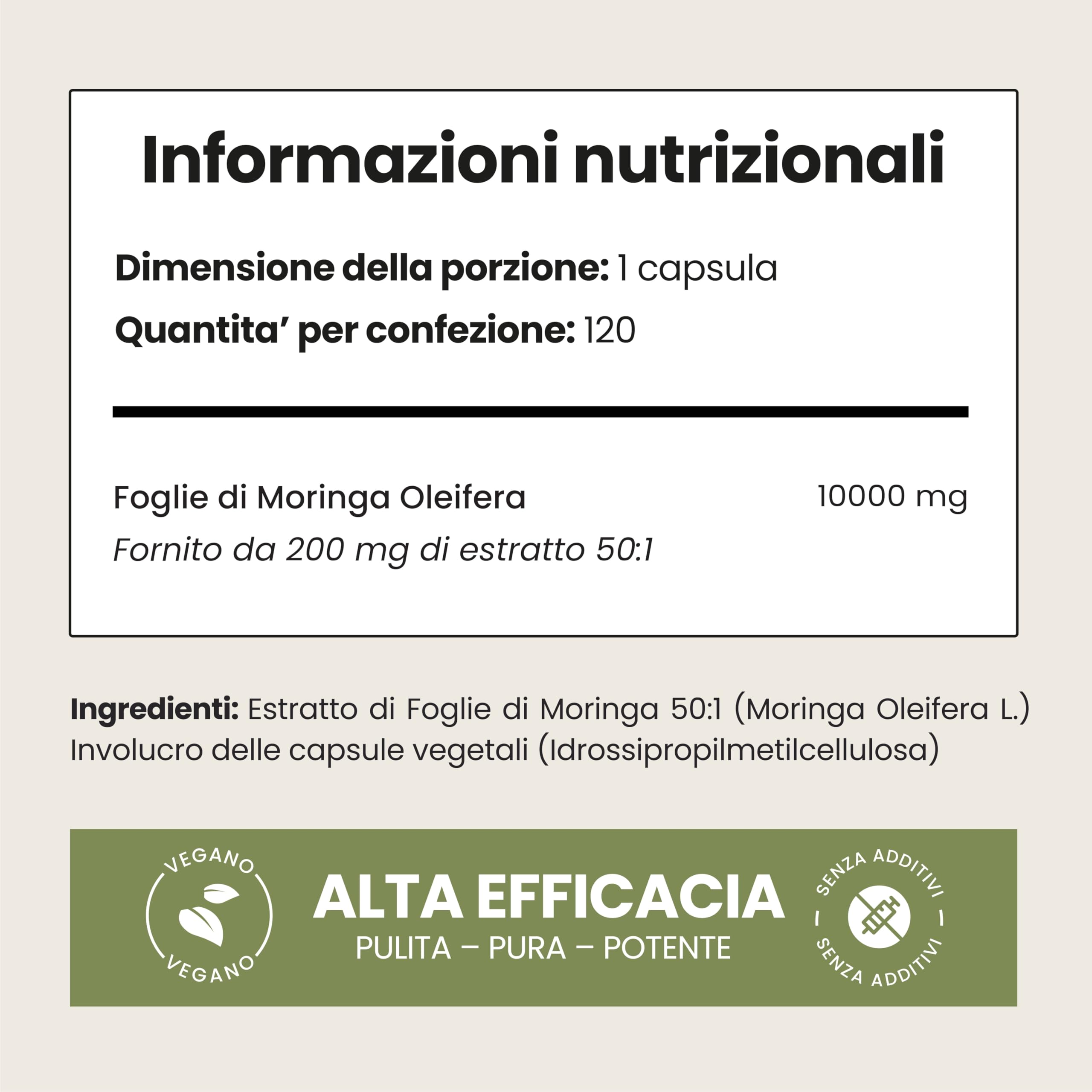 Capsule di Moringa Pura | Alto Dosaggio 10.000 mg | 4 Mesi – 1 al Giorno | Senza Additivi | Capsule di Superalimento Vegano in Polvere | Estratto Puro di Foglia di Moringa | VitaBright