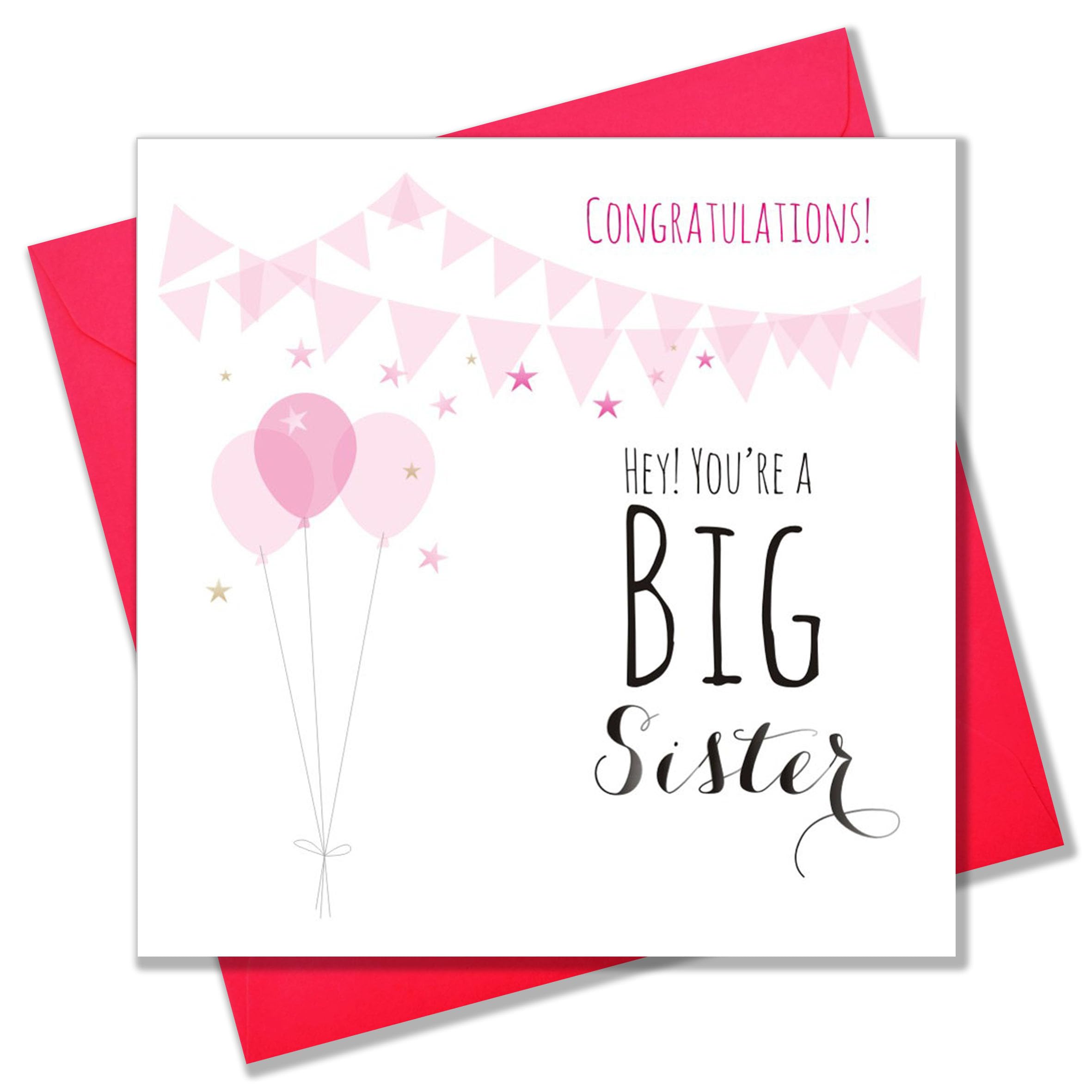 Baby Card, Hey! You're a Big Sister, Pink Balloons Design, Baby Congratulations Greeting Card