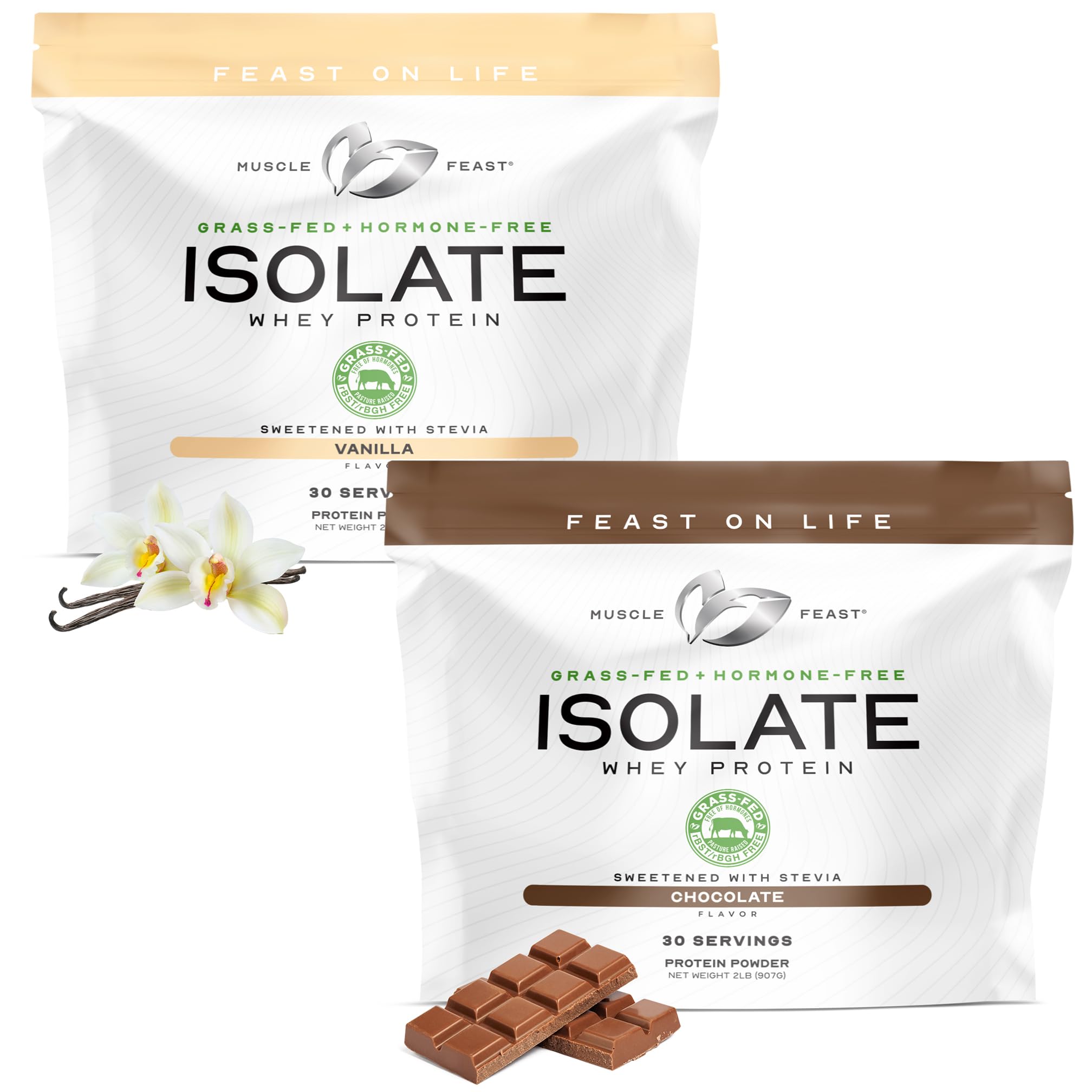 Muscle Feast Grass-Fed Whey Protein Isolate Bundle – Vanilla & Chocolate, 2lb Each (4lb Total) – All Natural, Hormone-Free, Low Carb, Stevia Sweetened, Keto & G
