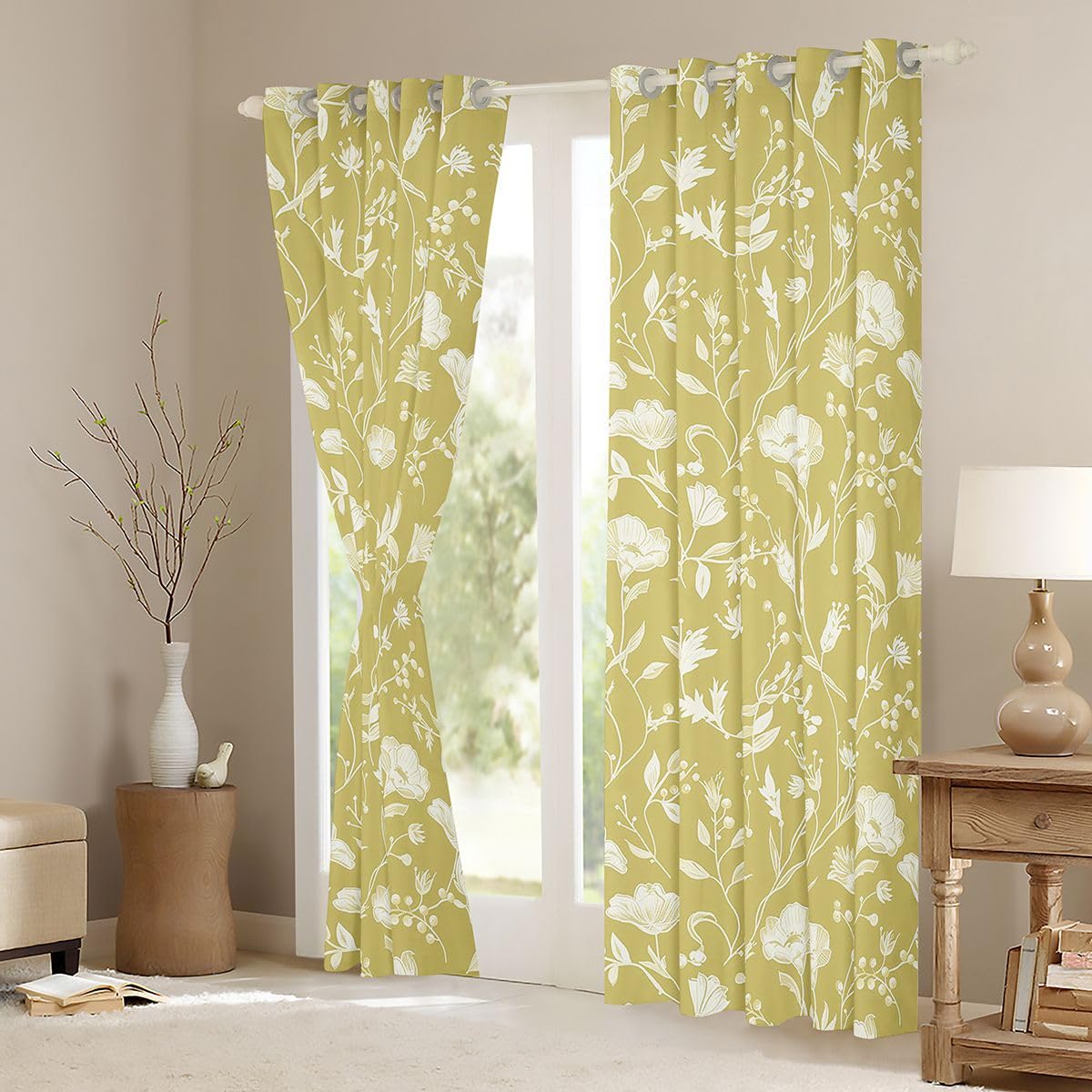 Homewish Żółte kwiatowe zasłony okienne, 132 x 229 cm, 2 zestawy paneli – boho kwiatowe zasłony zaciemniające, dom wiejski, botaniczne dekoracje okienne, zasłony, rustykalne rośliny wiejskie do