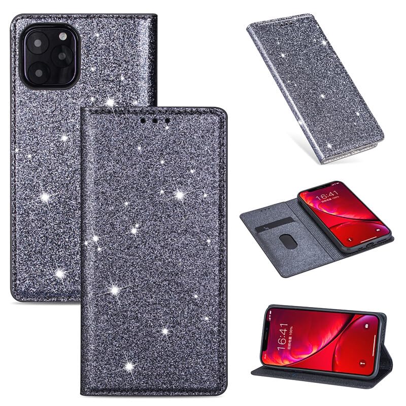 Generic Étui compatible avec iPhone 14 Pro (couleur : gris) étui portefeuille à rabat magnétique à paillettes en cuir avec porte-cartes