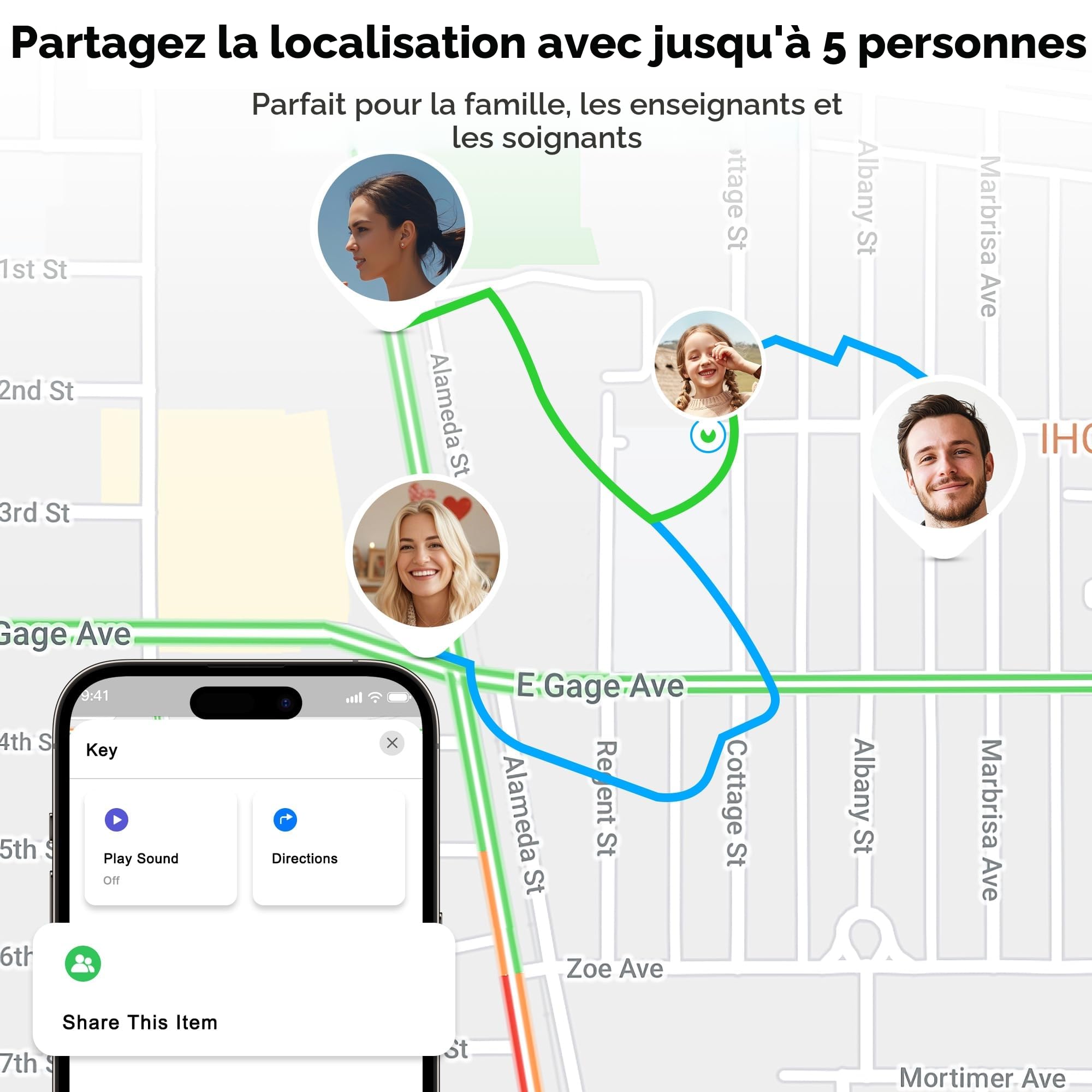 Utag Lot de 4 traceurs GPS pour enfants avec étiquette de sécurité, fonctionne avec Apple Find My (iOS uniquement), mode perdu, dispositif anti-suppression MFi certifié
