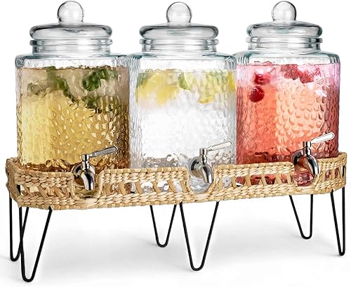 Miniatura 3 de Elegant Home - Dispensador de Bebidas Frías con Hielo de Vidrio Martillado - 2.7 Galones, Con Tapa de Vidrio y Soporte de Metal Antiguo, Espita 100%