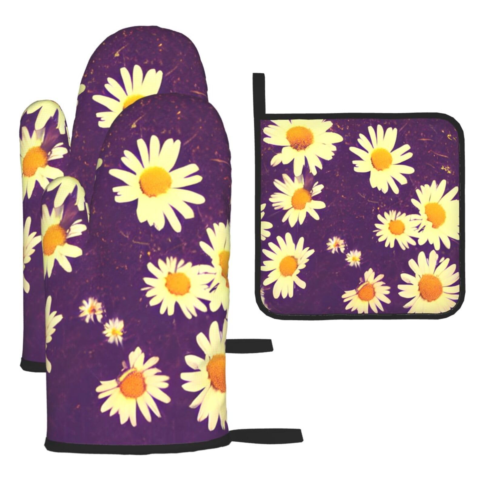 Daisy Purple Flowers Print Oven Mitts Kitchen Gloves Set Everyday Baking Grilling Microwaving Cooking Gift