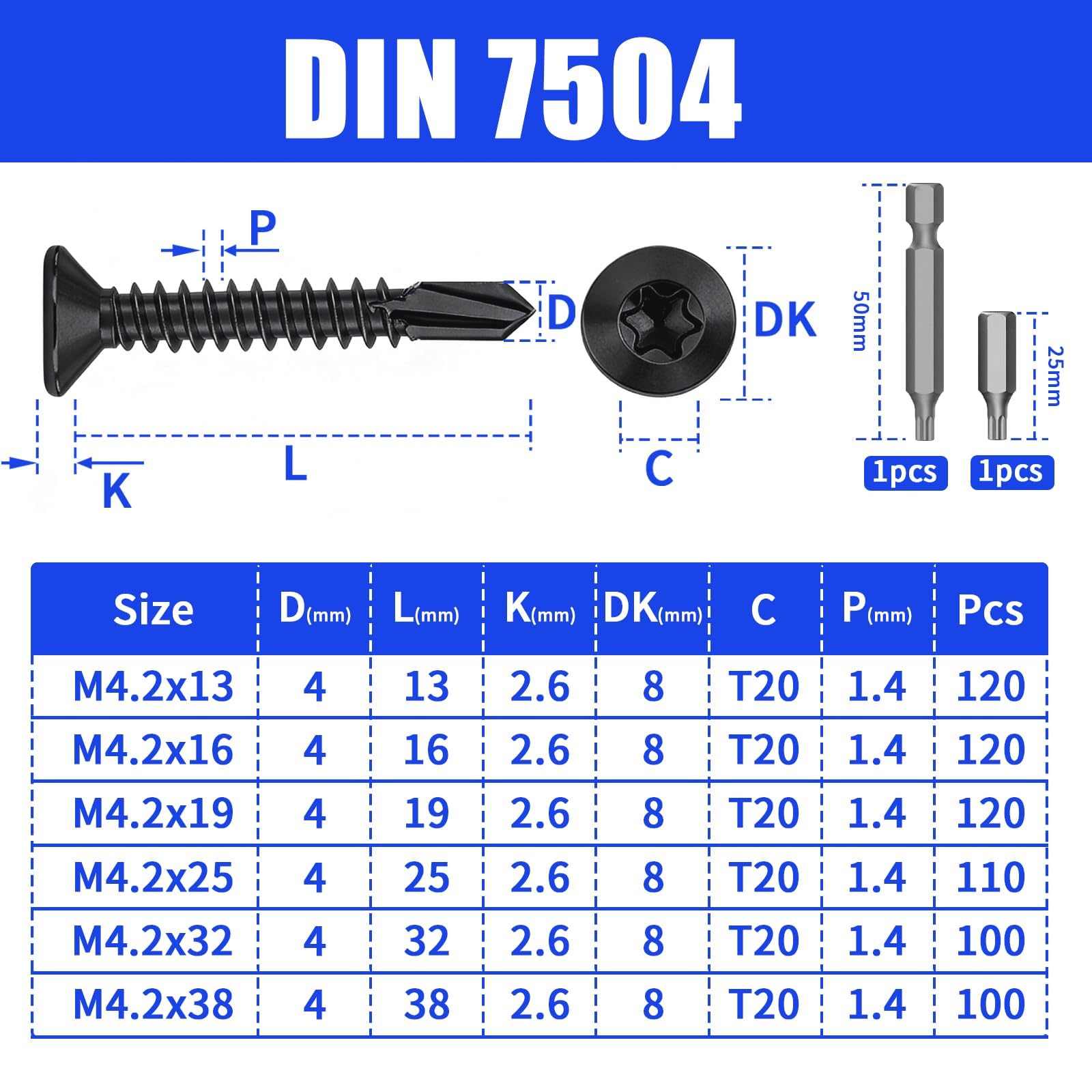 100 sztuk wkrętów samowiercących ze stali nierdzewnej M4,2x32 mm, wkręty samogwintujące Torx, stal nierdzewna 410, wkręty do blachy, DIN 7504, z łbem wpuszczanym, samowiercące, czarne, z łbem