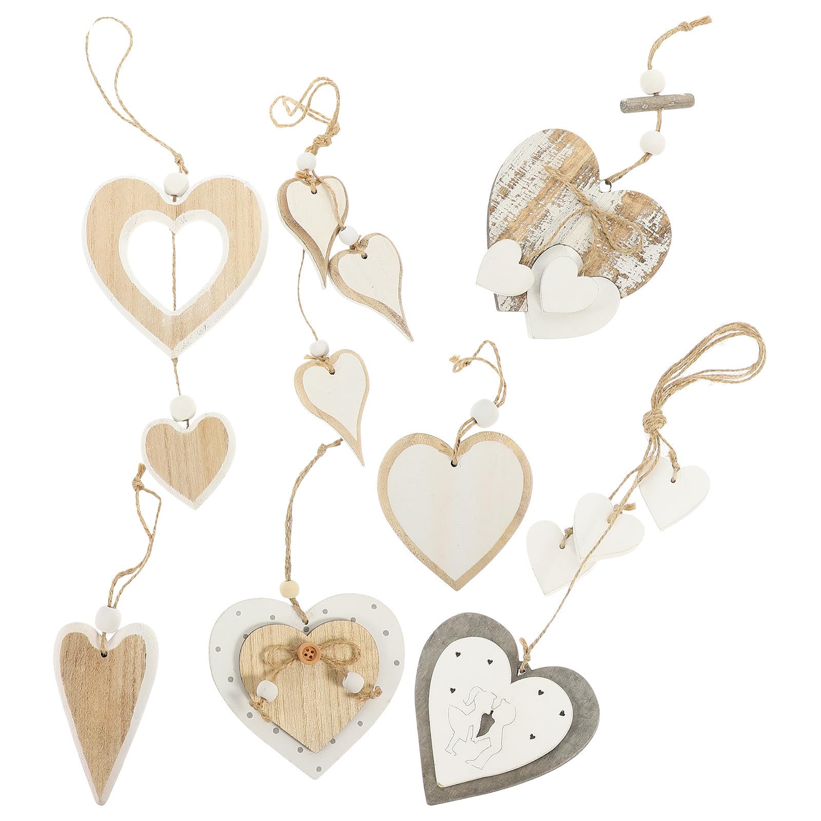 TOYANDONA 3 Sets Herzförmiger Hängeschmuck mit Hanfseil für Festdeko | Sieben Varianten, Valentinstag und Weihnachten, Geeignet für Decke und Abschlussfeiern, Natürliches Holz