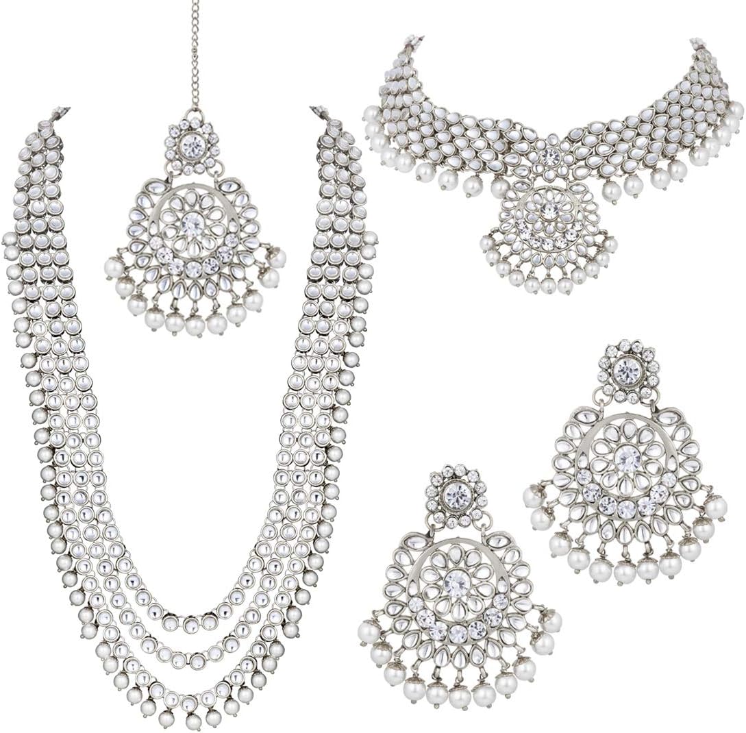 AheliIndian Wedding Kundan Beaded Bridal Long Choker Necklace Earrings with Maang Tikka Traditional Jewelry Set for Women