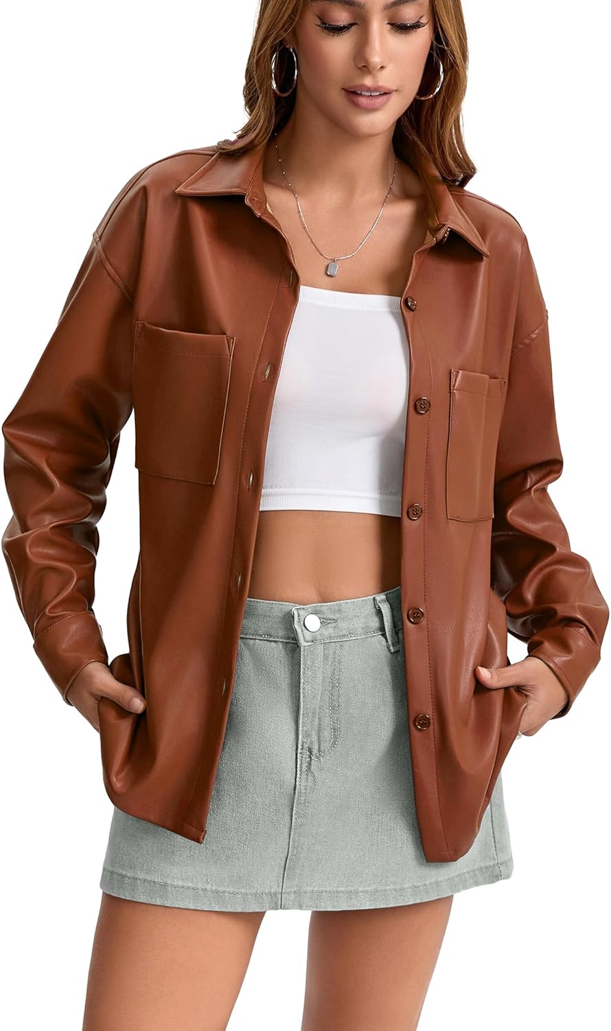 Women's Faux Leather Button-Down Shirt Jacket Lightweight Long Sleeve PU Blouse Shacket Tops - Image 3