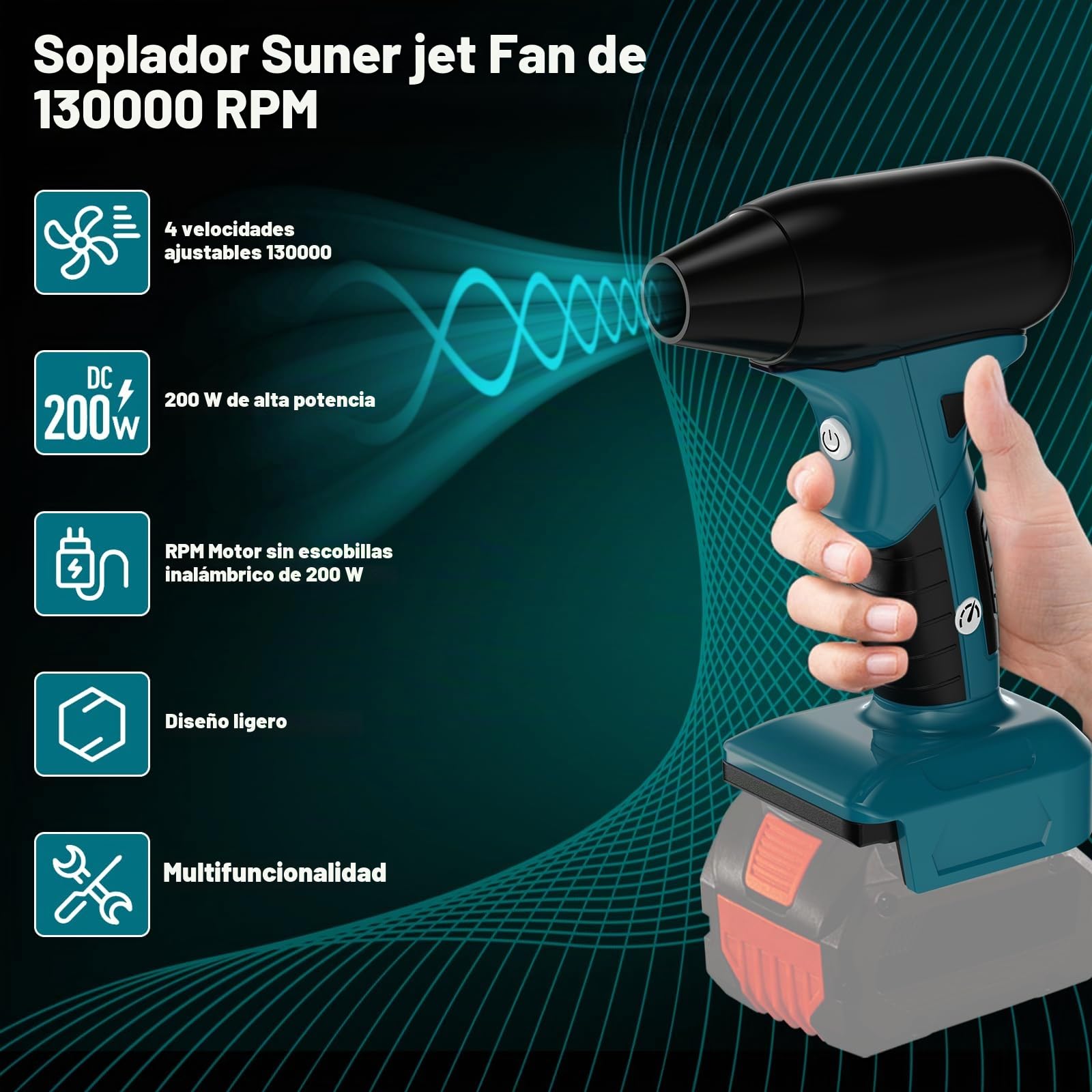 Para Bosch Professional 18 V System GBA batería de litio accionamiento jet seco soplador seco, 130.000 rpm de aire comprimido Duster, 4 engranajes ajustables, mini ventilador para herramientas, coche