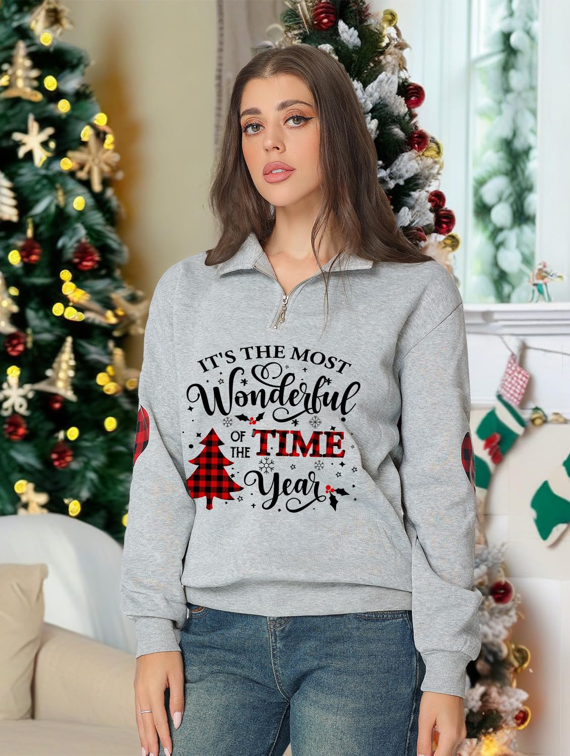 Glimnerize Christmas Womens Tops Sweatshirt Gnome 1/4 Zip Standing Collar Funny Graphic Christmas Jumper Hoodie Grey-A1 L - Image 4