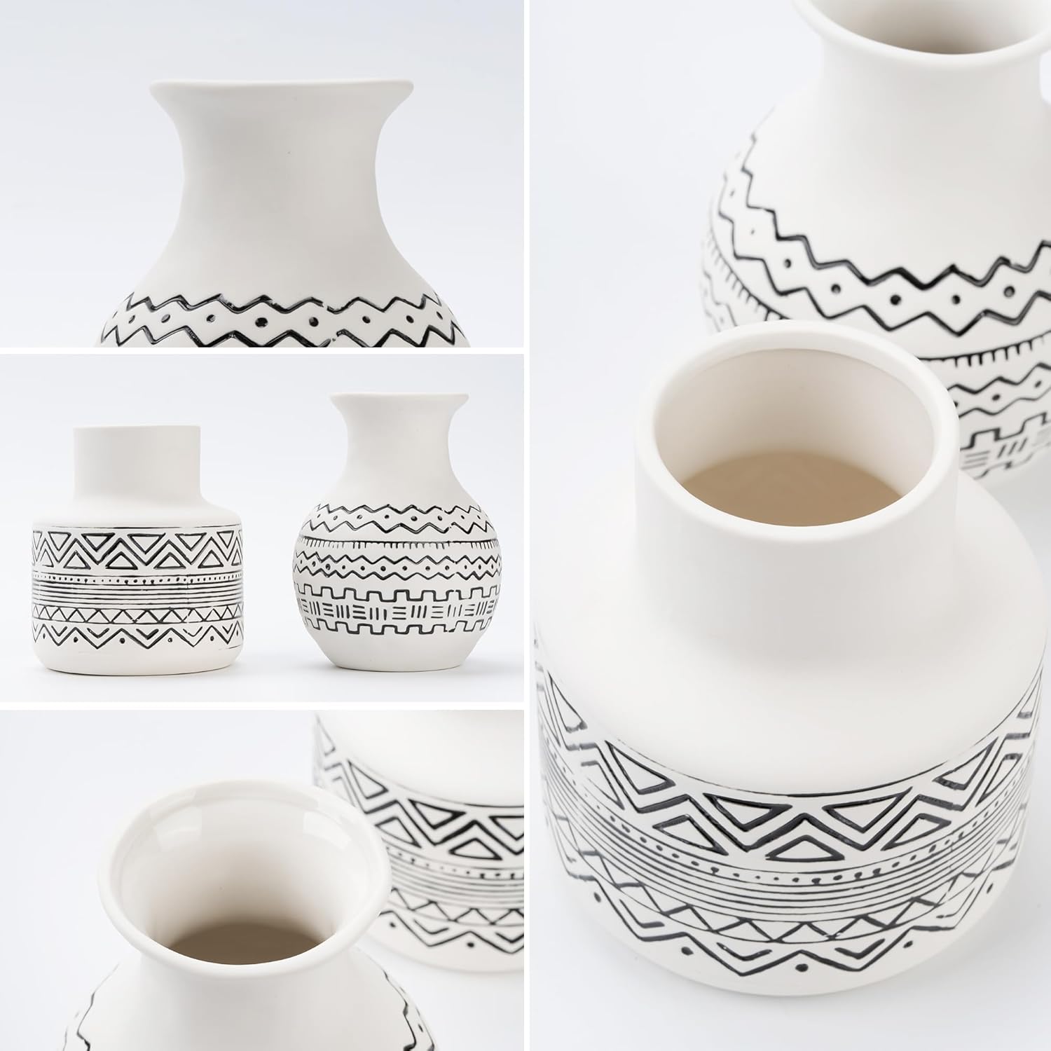 Handcrafted Ceramic Vase Set of 2 — Geometric Boho Farmhouse Flower Vase Centerpiece for Kitchen/Home Decor/Living Room, Ceramic Kitchen Utensil Holder for Countertop