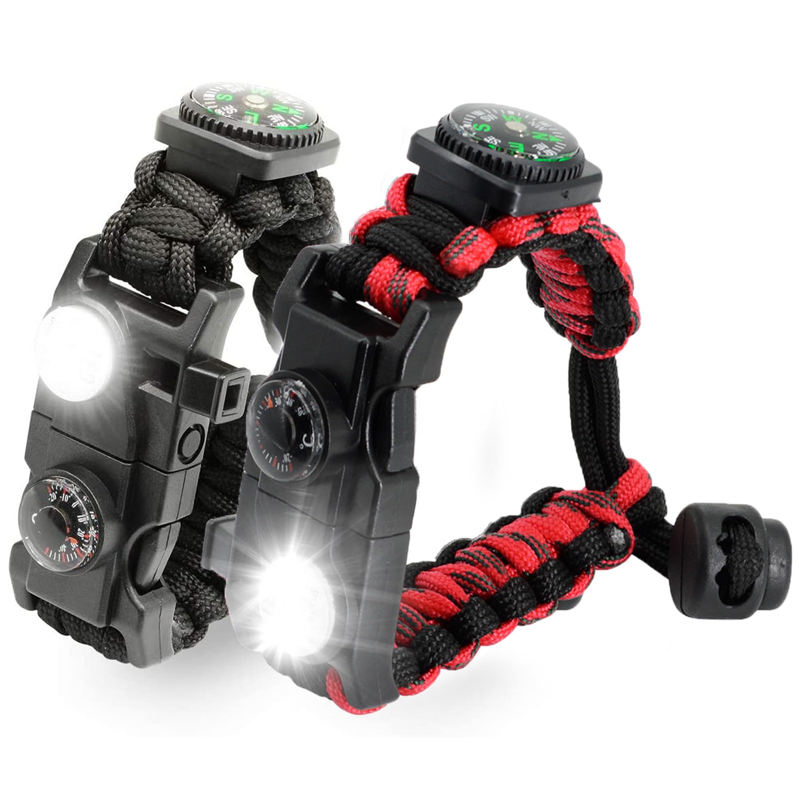 20 in 1 Survival Paracord Bracelet Adjustable Gear Kit with SOS LED Light, Fire Starter, Bigger Compass, Survival Whistle, Perfect for Camping, Hiking, Fishing Red +Black