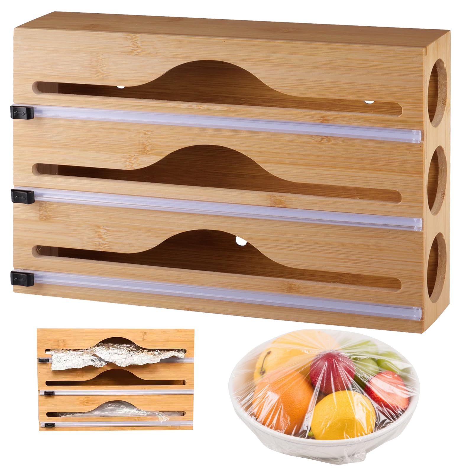 Dispensador Papel Aluminio y Film 3 in 1 Porta Papel Aluminio y Film 34x23x7cm Dispensador de Láminas de Madera Distribuidor para Papel de Aluminio