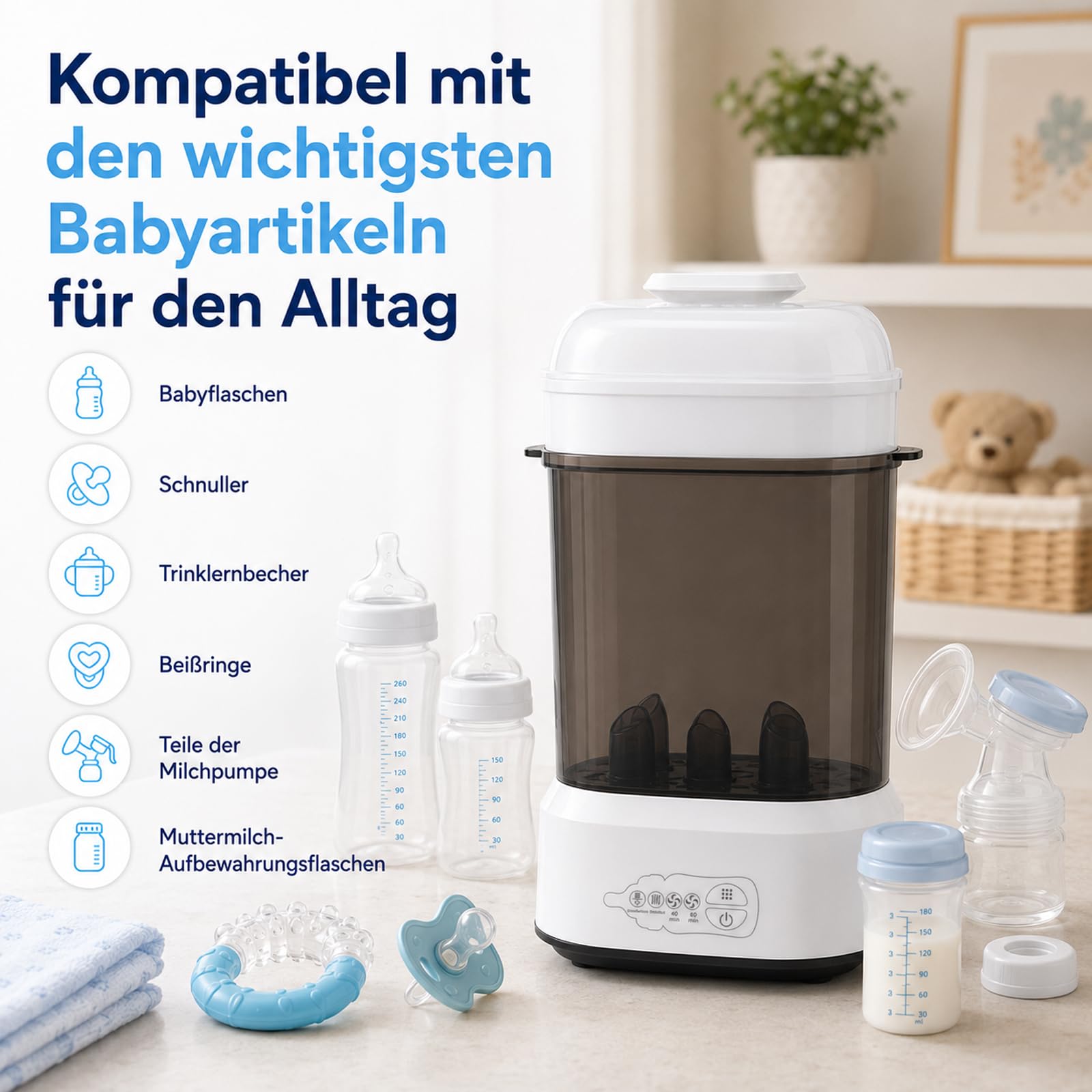 Sterilisator für Babyflaschen mit Trocknerfunktion, Flaschensterilisator Baby, 4-in-1 Elektrischer Dampfsterilisator für Flaschen, für flaschen & Milchpumpen-Zubehör Schnellsterilisation