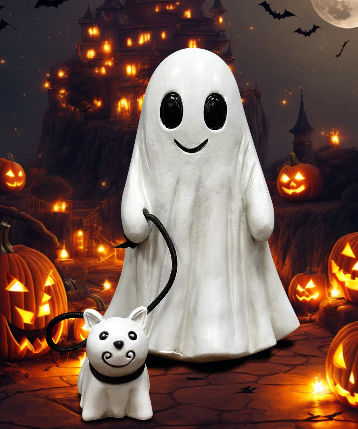 Ghost Walking Cat Statue | Resin Spooky Ghost Statue | Novelty Cute Ghost Walking With Cat Shape Figurine For Halloween House Ghost Decoration