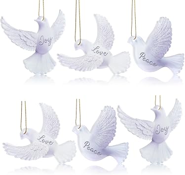Blosssound 6 Pcs Dove Christmas Ornaments 3 Inch White Joy Peace Love Decor | Acrylic Birds with Sparkle Wings, Engraved Messages, Gold Strings, for Xmas Tree Wreath Wedding Crafts Holiday Decorations
