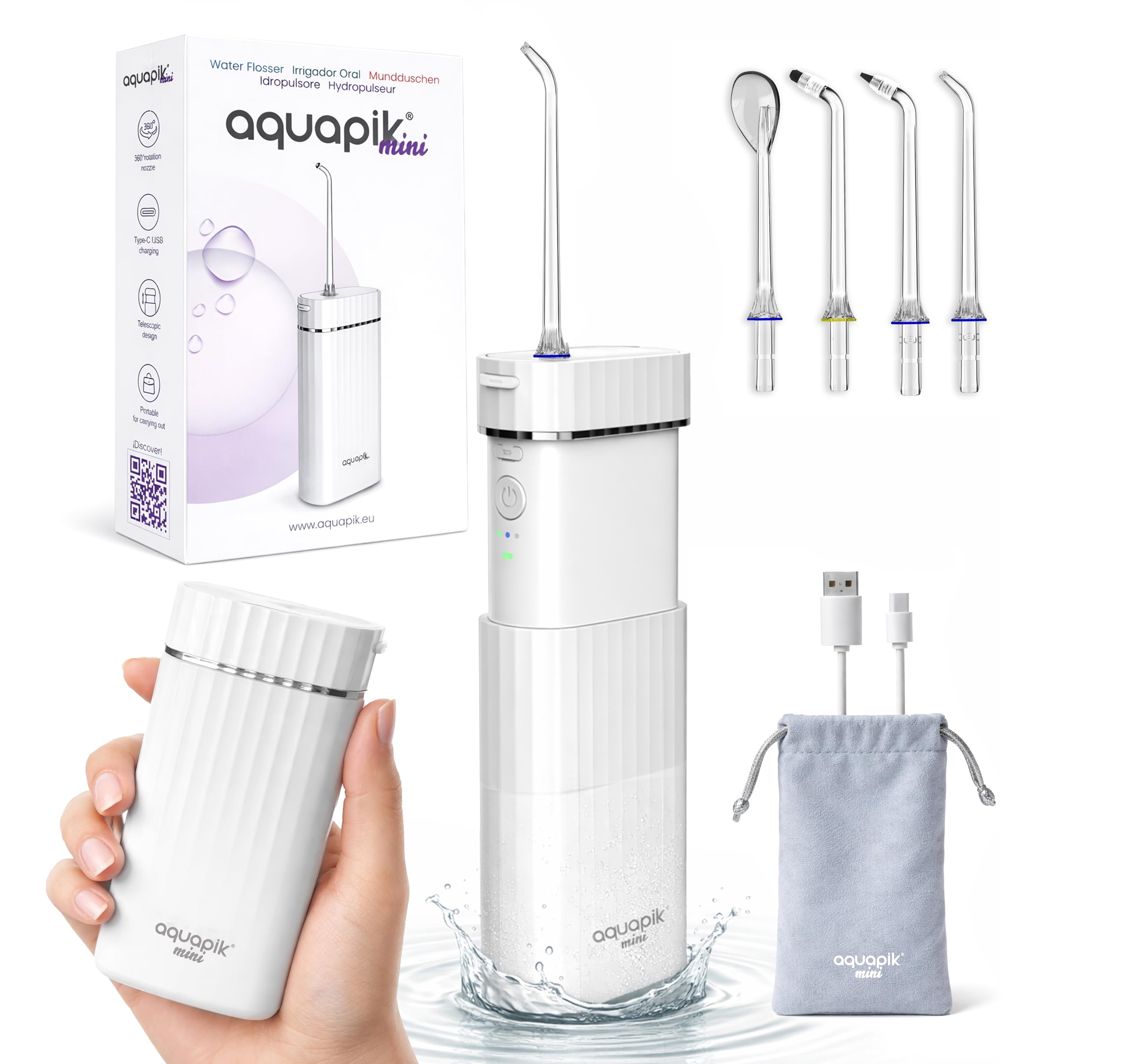 Aquapik® Mini Irrigador dental portátil 200 ml con tanque telescópico recargable USB tipo C, 3 modos de presión impermeable IPX8, fácil de llevar ideal para viajes y oficina, limpieza dental profunda.