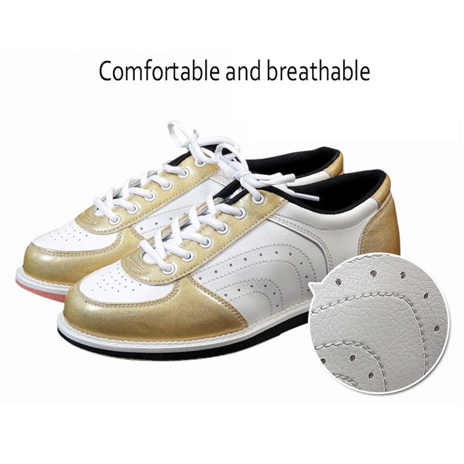 Herren Bowlingschuhe, Damen Mode Trainer rutschfeste Leichte Lace Up Lederschüsseln Schuhe Atmungsaktive Bowling Trainer,Gold,44