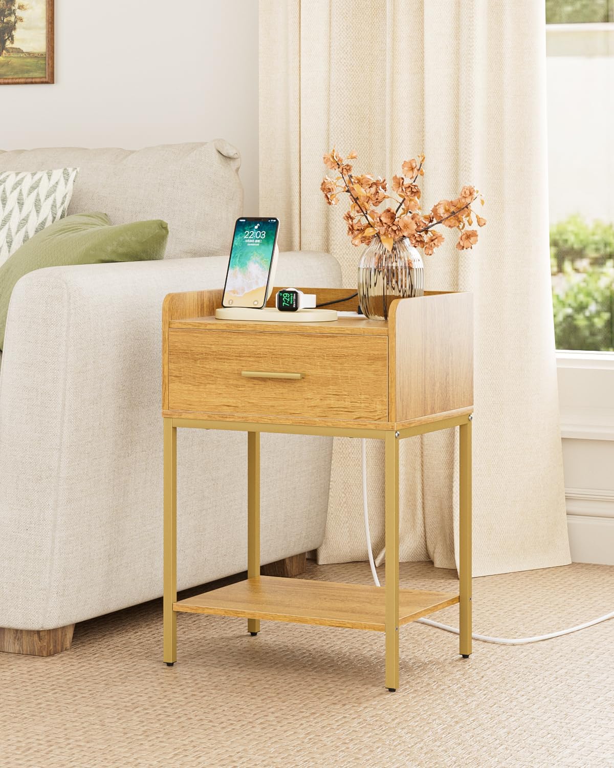 Nightstand with Charging Stat, Modern Bedside Table with Der and