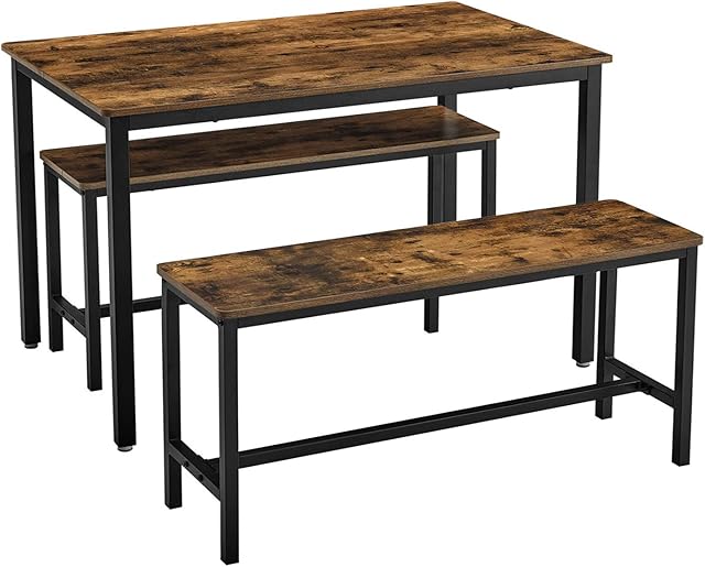 VASAGLE Dining Table with 2 Benches, 3 Pieces Set, Kitchen Table of 110 x 70 x 75 cm, 2 Benches of 97 x 30 x 50 cm Each, Steel Frame, Industrial Design, Rustic Brown and Black KDT070B01