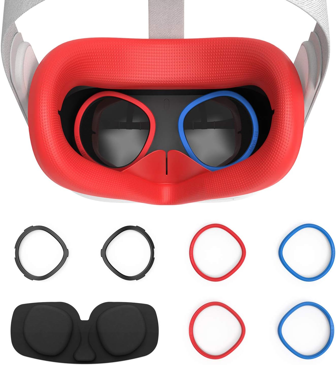 AMVR VR Silicone Face Cover & Lens Anti-Scratch Ring Protecting Myopia Glasses from Scratching VR Lens for Oculus Quest 2, Sweatproof Waterproof Anti-Dirty Replacement 3-in-1 Accessories (Red)