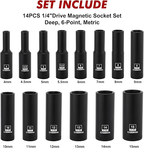 CASOMAN 14PCS 1/4" Drive Magnetic Socket Set, Deep, 6-Point, Metric, 4mm to 15mm - 2