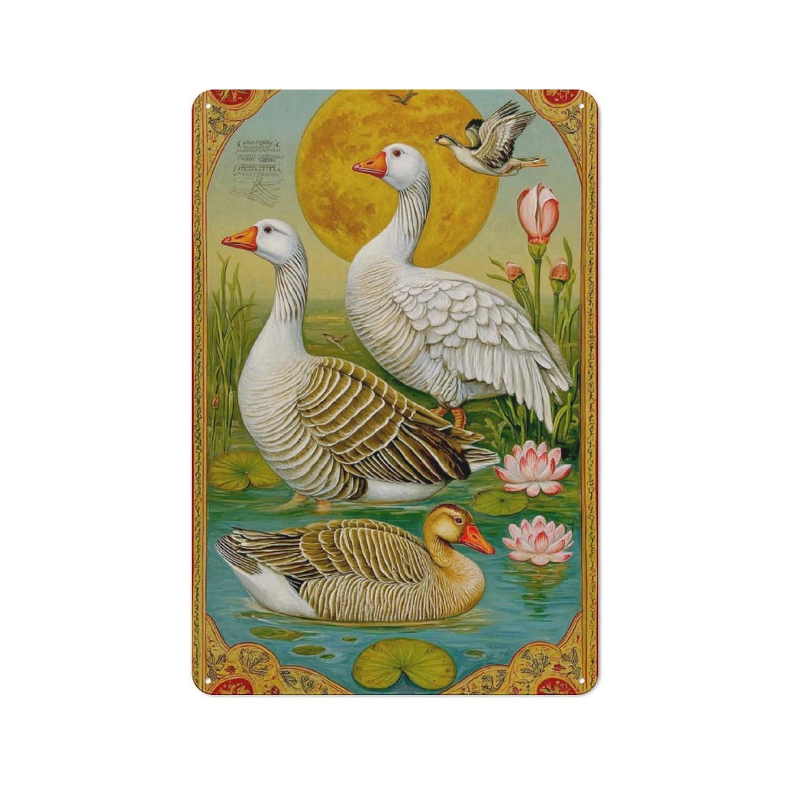 Junmoney Geese By Moonlight Retro Tin Sign 30X20cm For Workshop Wall, For Collectors Of Retro Metal Wall Decor