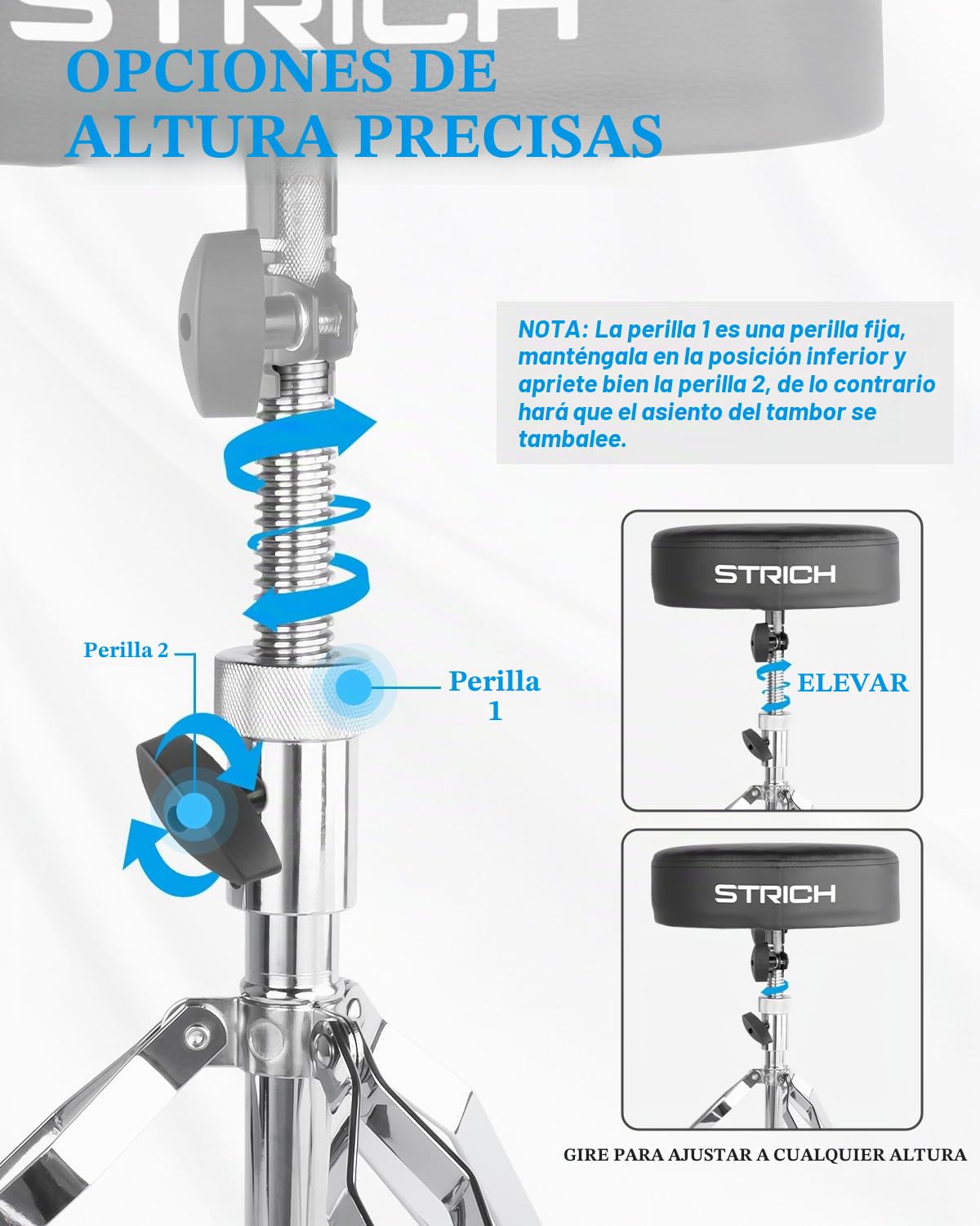 STRICH Drum Throne, taburete de tambor acolchado de altura ajustable, silla de tambor giratoria resistente, taburete acolchado de doble refuerzo con baquetas 5A, SDB-20