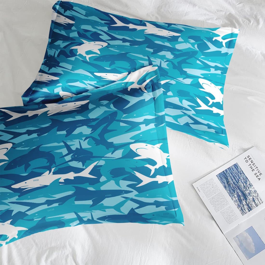 Nesphy Blue Shark Fish Full Comforter Set, Ocean Surf Camouflage Bedding Set 3 Piece, All Season Soft Toddlers Children Adults Bedroom Bed Decoration Comforter and 2 Pillow Shams