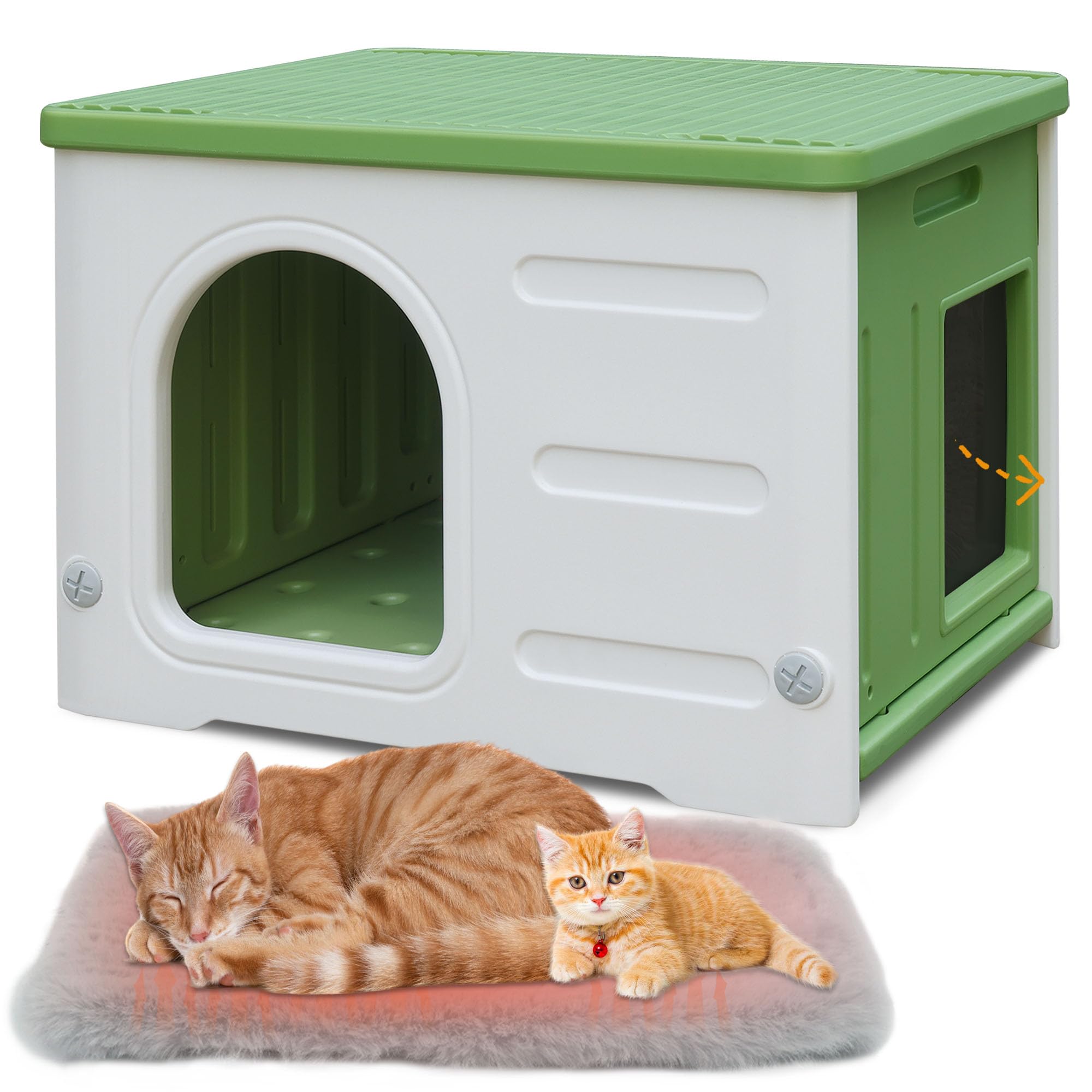 Waterproof Cat House for Outdoor Cats, Plastic Feral Cat House with Escape Door and Soft Mat, Large Indoor Cat House for Mutiple Cats - Green