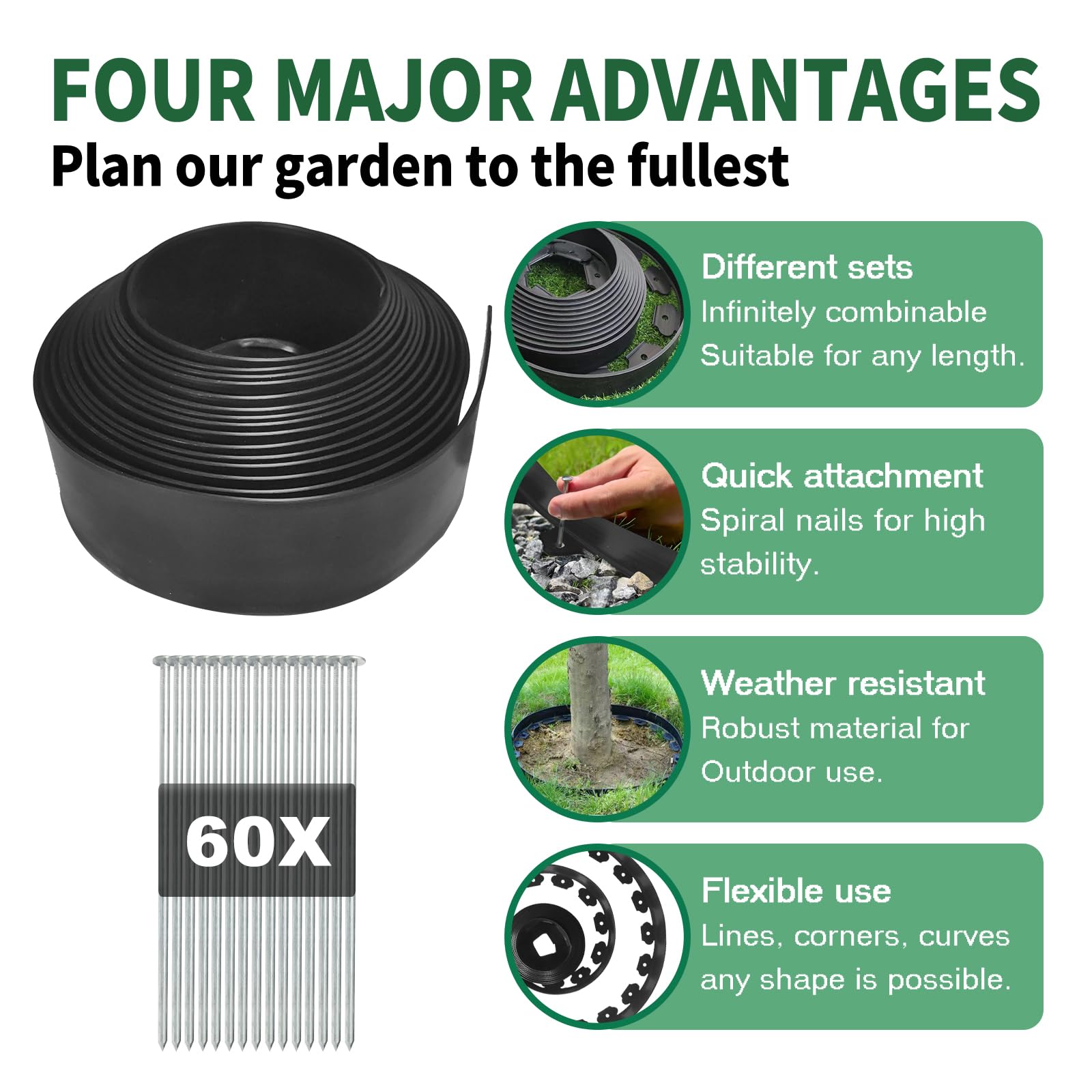 Bordure De Jardin Flexible | 10CM Hauteur 20M Longueur Kit Avec 60 Pieux de Fixation En Acier De Bordure Jardin Exterieur