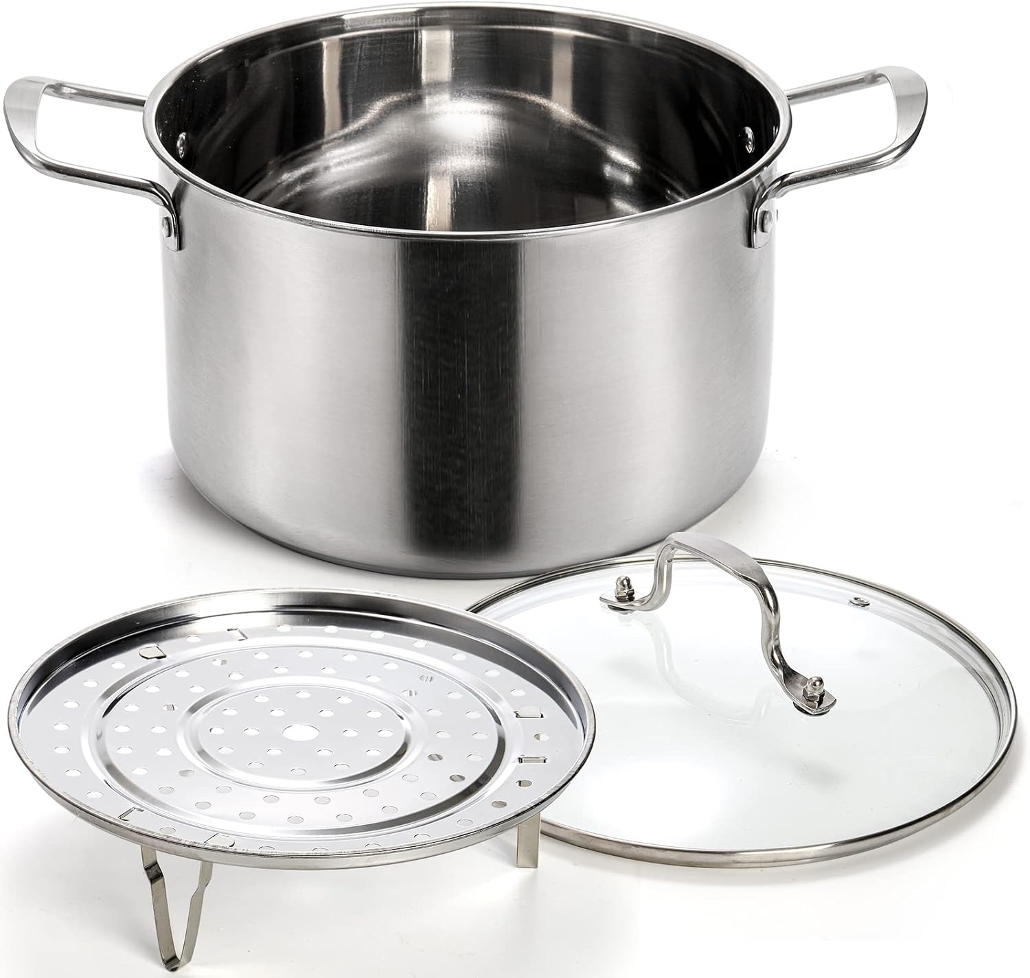 ZENFUN Stainless Steel Stockpot with Steamer Rack, 6 Quart Pot With Glass Lid, Nonstick Soup