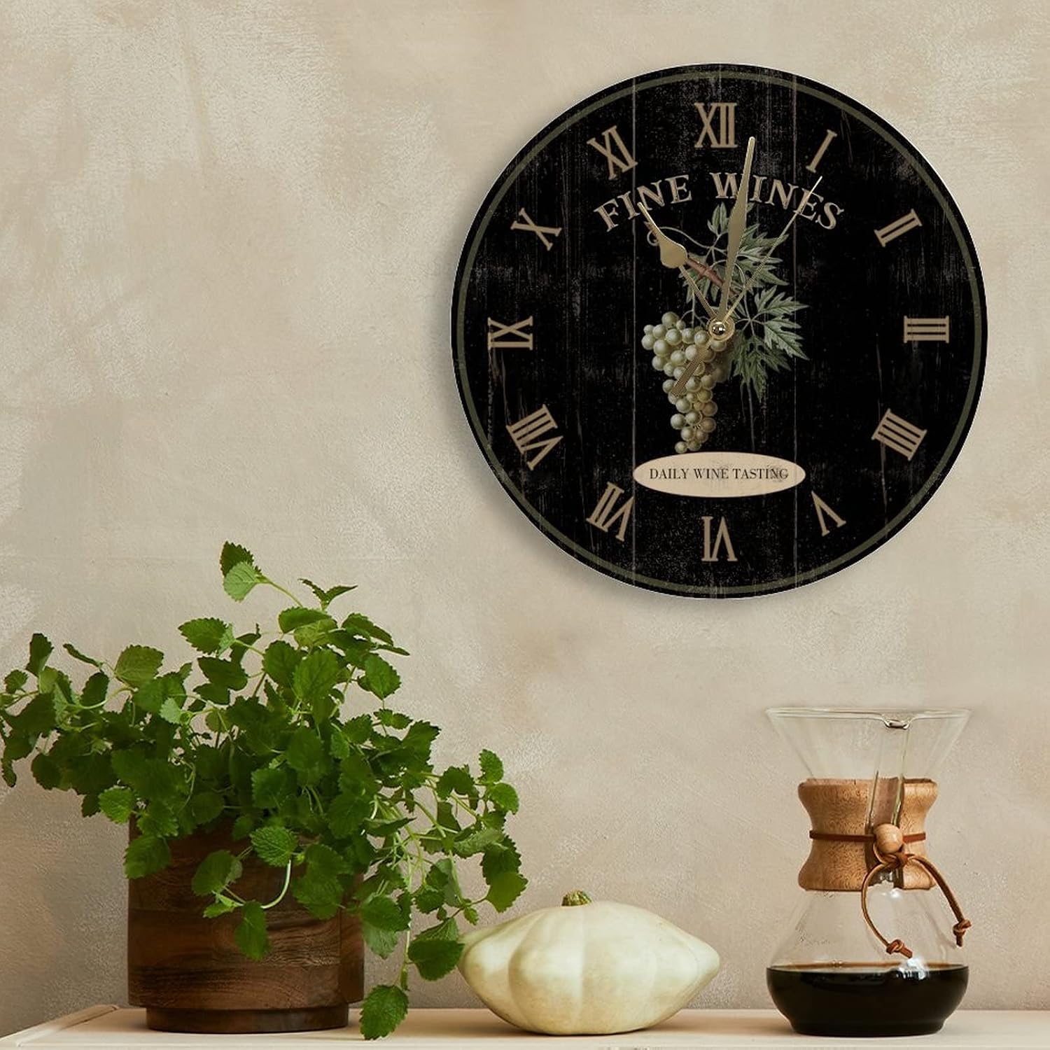Wine Grape Painted Wooden Wall Clock Romantic Kitchen Wall Clock Relax And Unwine 15 Inch Round Wall Clocks Battery Operated Non-Ticking Ancient Wall Decor Home Decor for Living Room Bedroom Office