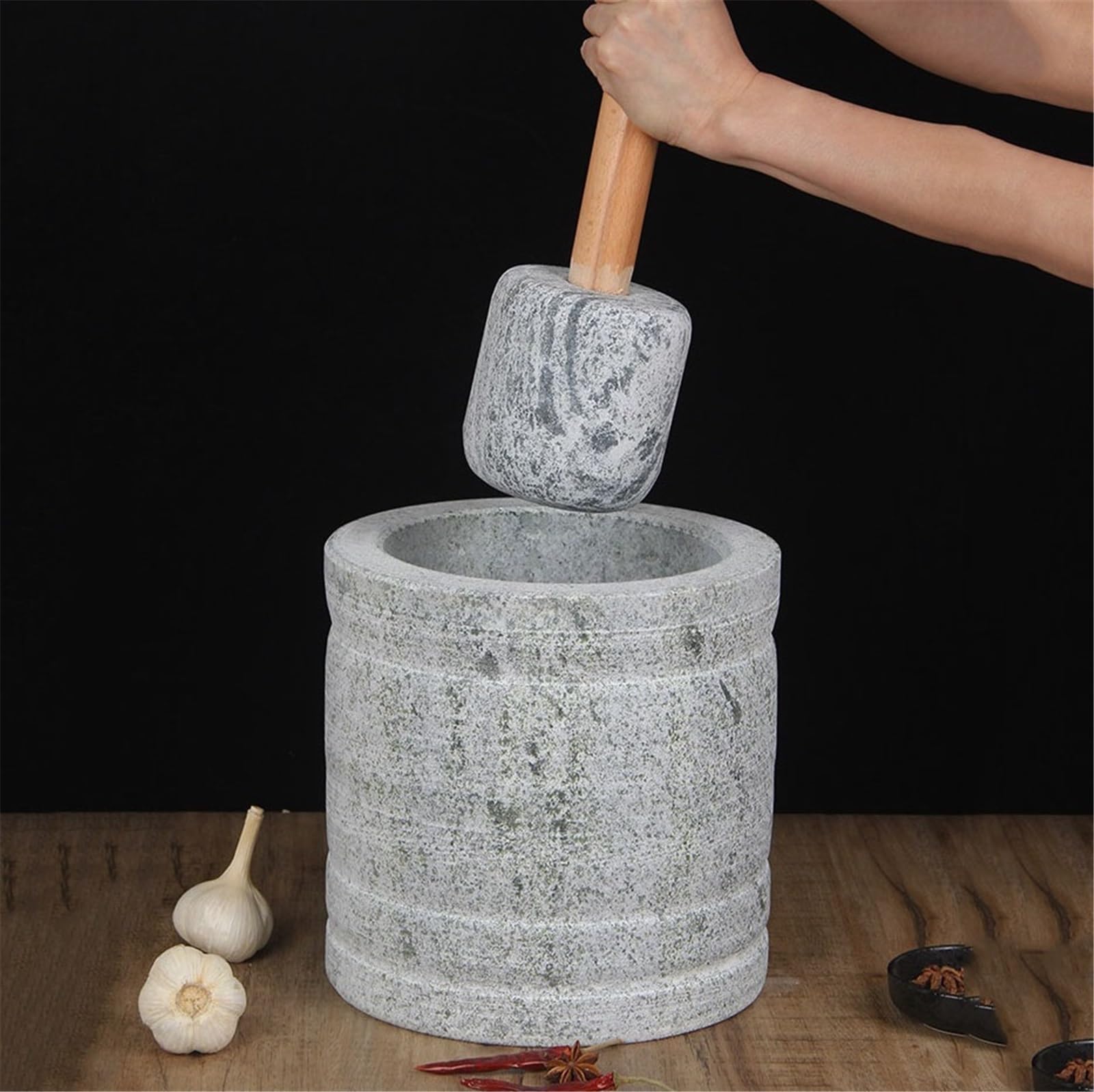 Práctico Molinillo de piedra hecho a mano con tazón grande mortero y maja sin pulir