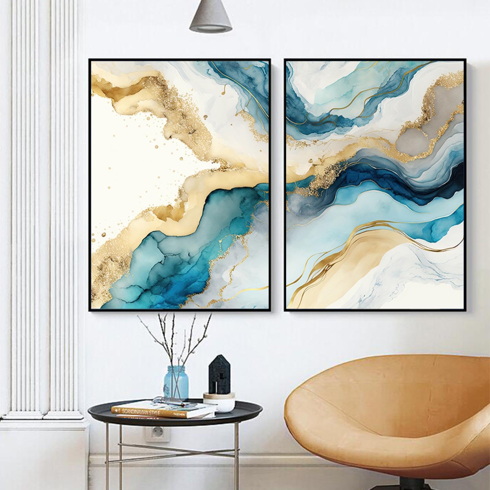 KEBIA Pósteres de textura de mármol dorado azul abstracto cuadro sobre lienzo para pared impresiones imágenes modernas para sala de estar decoración interior del hogar 40x60cmx2 sin marco