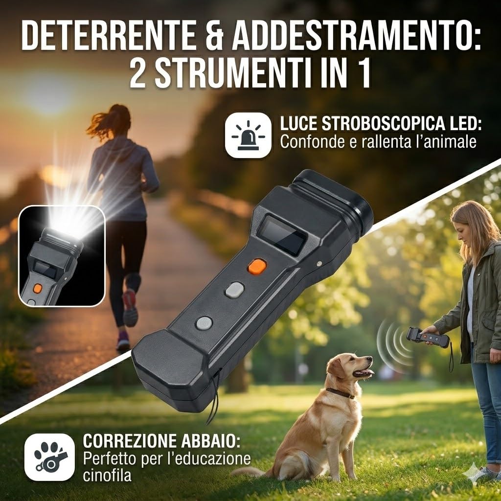 K9 Blocker Dissuasore Ultrasuoni per Cani Aggressivi con Luce LED Flash - Repellente Portatile Professionale per Difesa Personale - Strumento Anti Abbaio per Addestramento - Portata 20m - Sicuro
