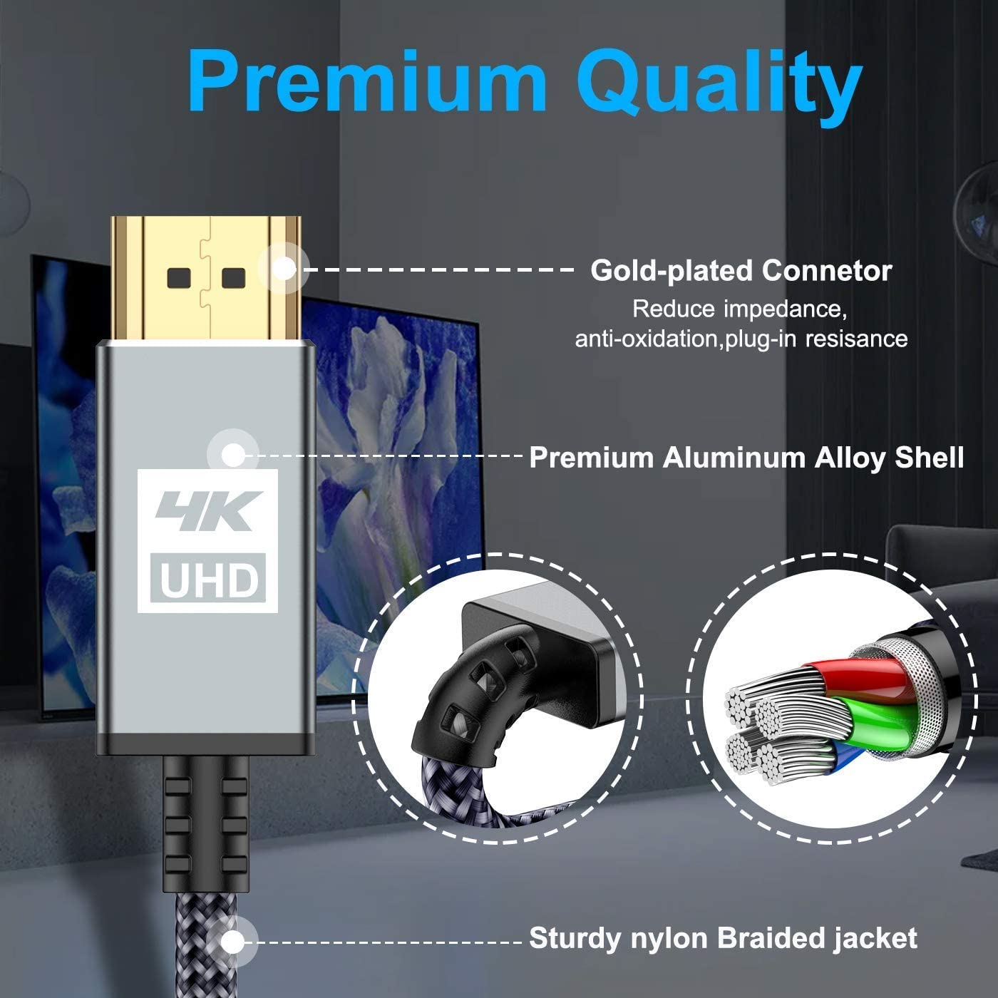 Cavo HDMI 4K 20 m a 60 Hz 18 Gbps Ad Alta Velocità 2.0, Nylon Intrecciato, Connettori Dorati, Ethernet/Audio, Compatibile Con Video UHD 2160p, HD1080p - Grigio