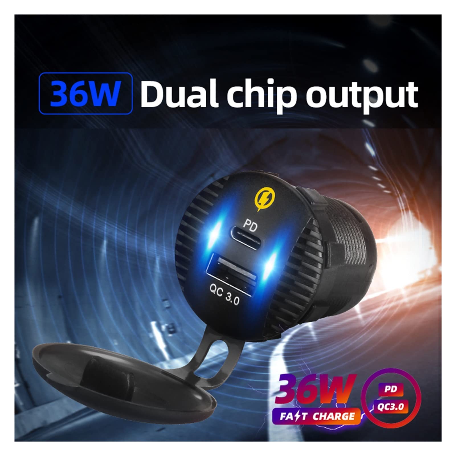 Gniazdo samochodowe USB 12 V typu C, montaż na panelu, 2-portowe, gniazdo zapalniczki samochodowej 3.0 Super QC, szybkie(Dual Qc3.0 Port)
