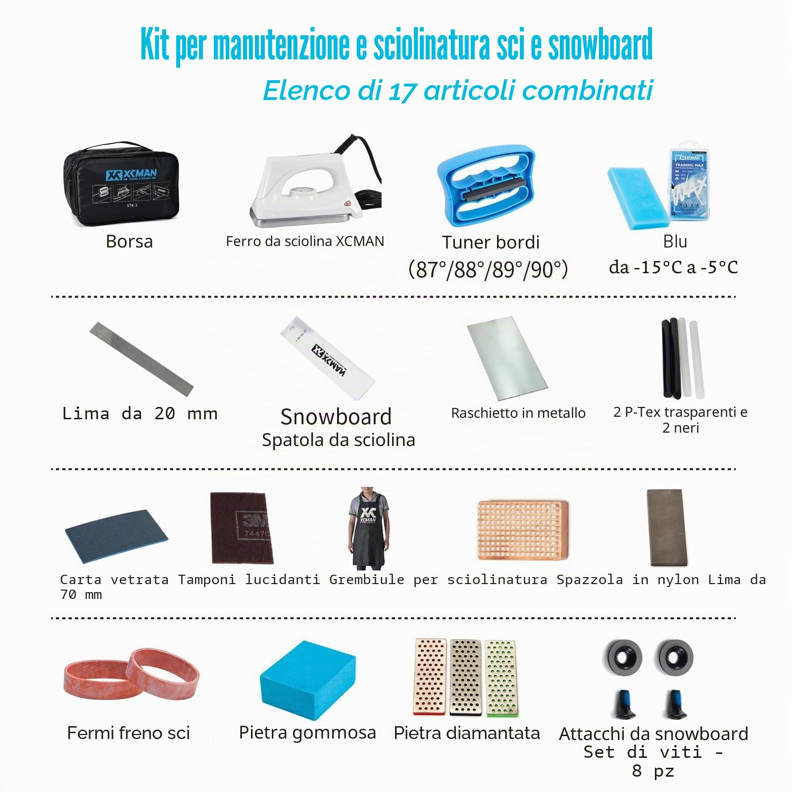 XCMAN Set Completo da Sci e Snowboard Con Ferro da Stiro, Cera, Sintonizzatore, PTEX per Tuning e Riparazione