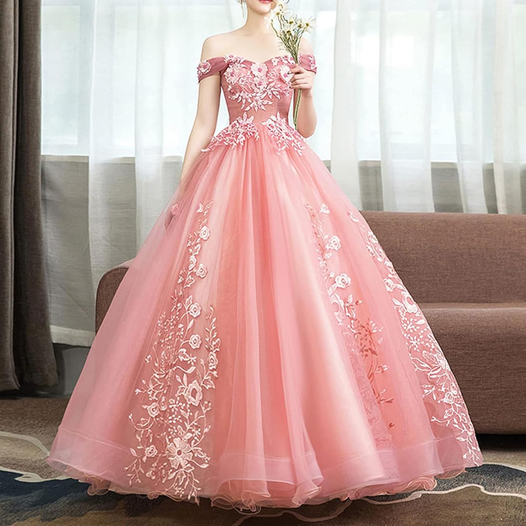 DJFOG Damen-Abendkleid, eine Schulter, Elegantes Tüll-Ballkleid mit Applikationen, Maxi-Party-Hochzeitskleider, langes, perlenbesetztes Party-Bankett-Kleid
