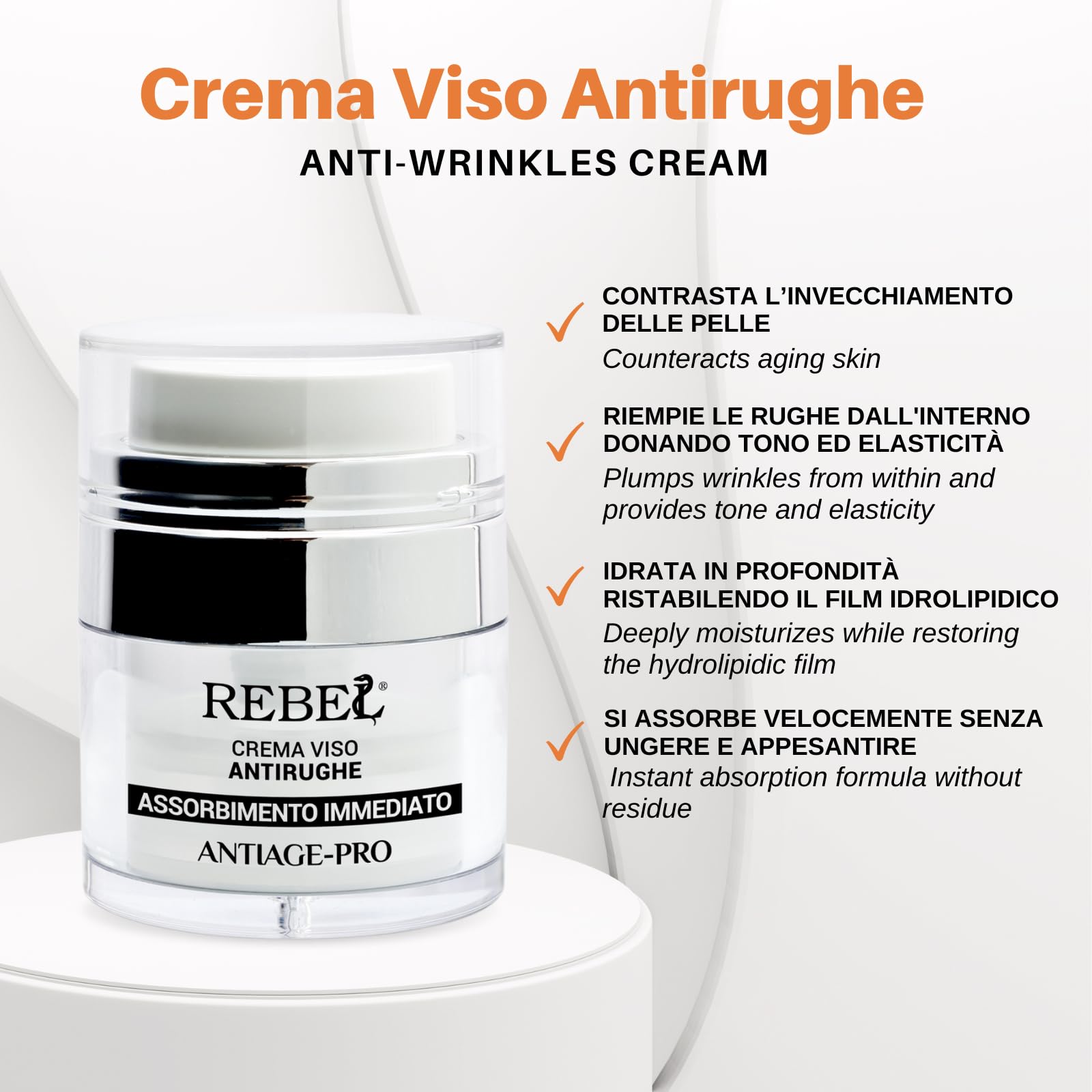 Rebel Antiage Pro Crema Viso Antirughe Assorbimento Immediato | Crema Antirughe e Antietà Giorno e Notte| Trattamento Rughe Intensivo | Con Peptidi e Licopene | 50 ml