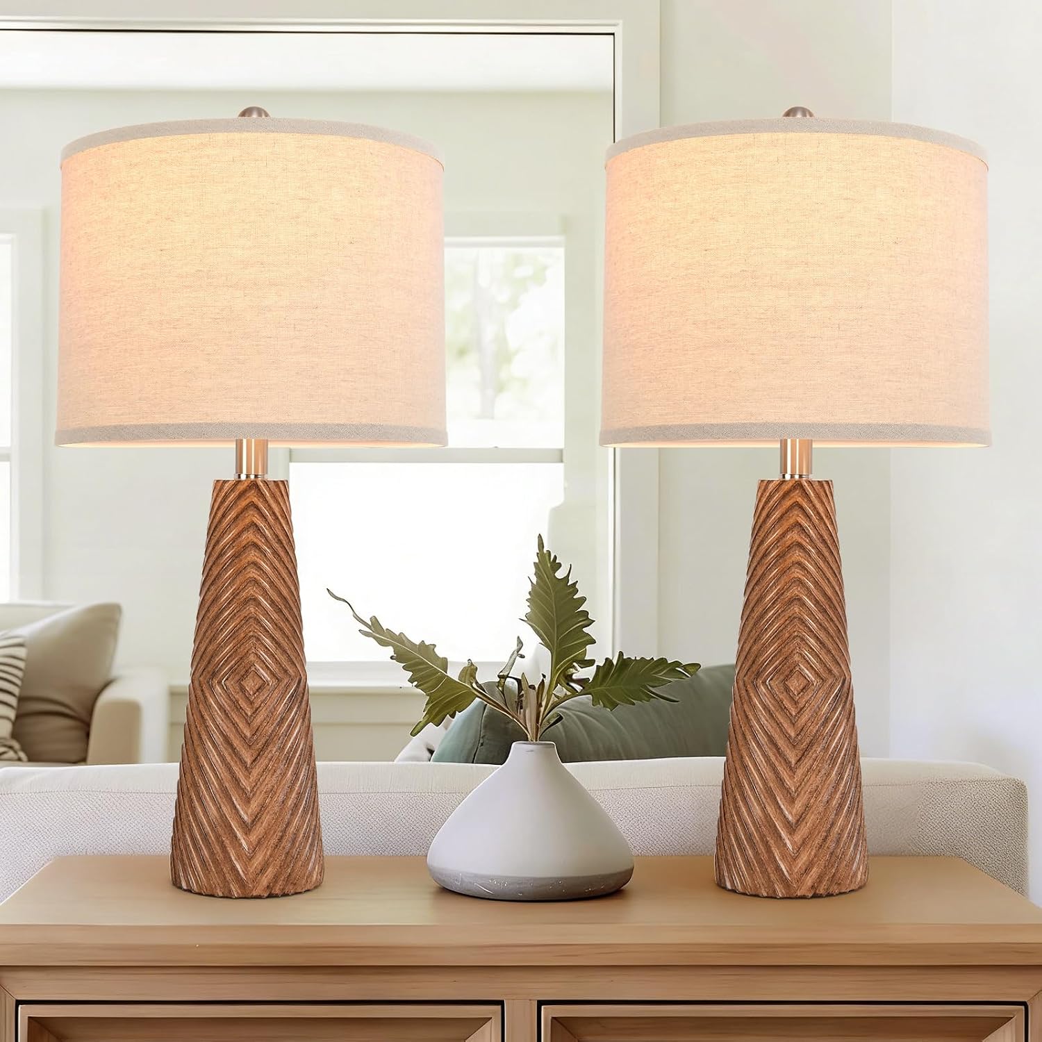 Terpsichore Nightstand Lamp Bedside Lamps Set of 2 Vintage Rustic Farmhouse Table Lamp 3 Way Dimmable Horizontal Stripe Light,for Living Room Bedroom,USB A+C (Brown, Hing 24 Inch)