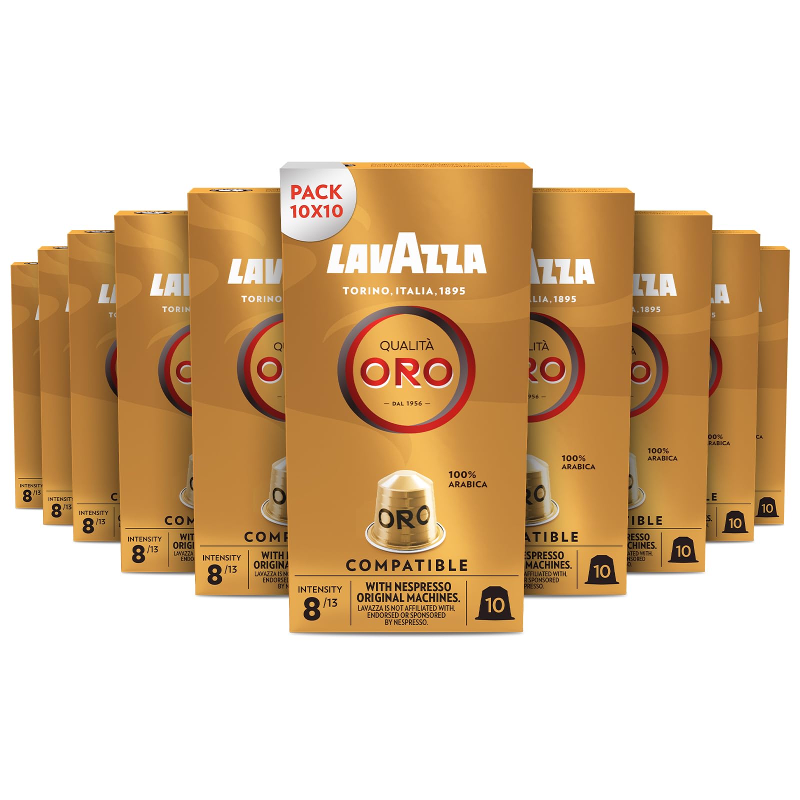 LavazzaQualita Oro 100 Count for Nespresso Original, Aluminum Capsules, Fruity and Floral Notes, 100% Arabica, Intensity 8/13, Light Roasting, 10 Packs of 10 Capsules