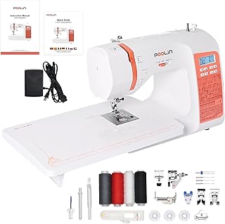 PooLin EOC02 Computer-Nähmaschine, komplett, LCD-Display, breiter Tisch, automatische Knopflöcher, 1 Schritt, automatischer Nadeleinfädler, 7 Nähfüße, tragbar und ideal für Anfänger & Fortgeschrittene
