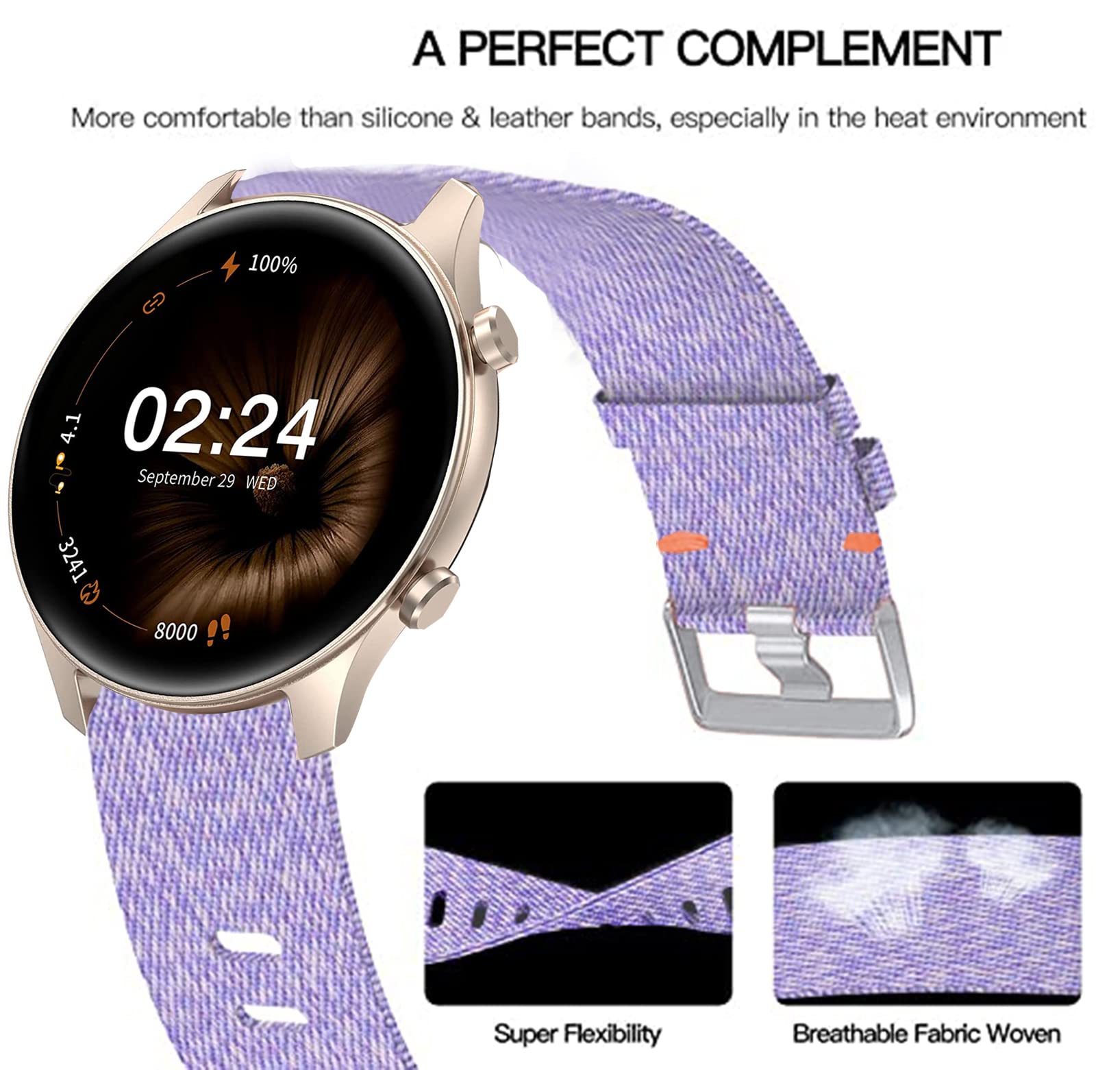 Compatible for TouchElex Venus Smartwatch Band onetuo Breathable Nylon Woven Fabric Replacement Accessory Strap Compatible for TouchElex Venus 1.2" Smart Watch/Deeprio Pascua Smart Watch (Purple) - Image 2