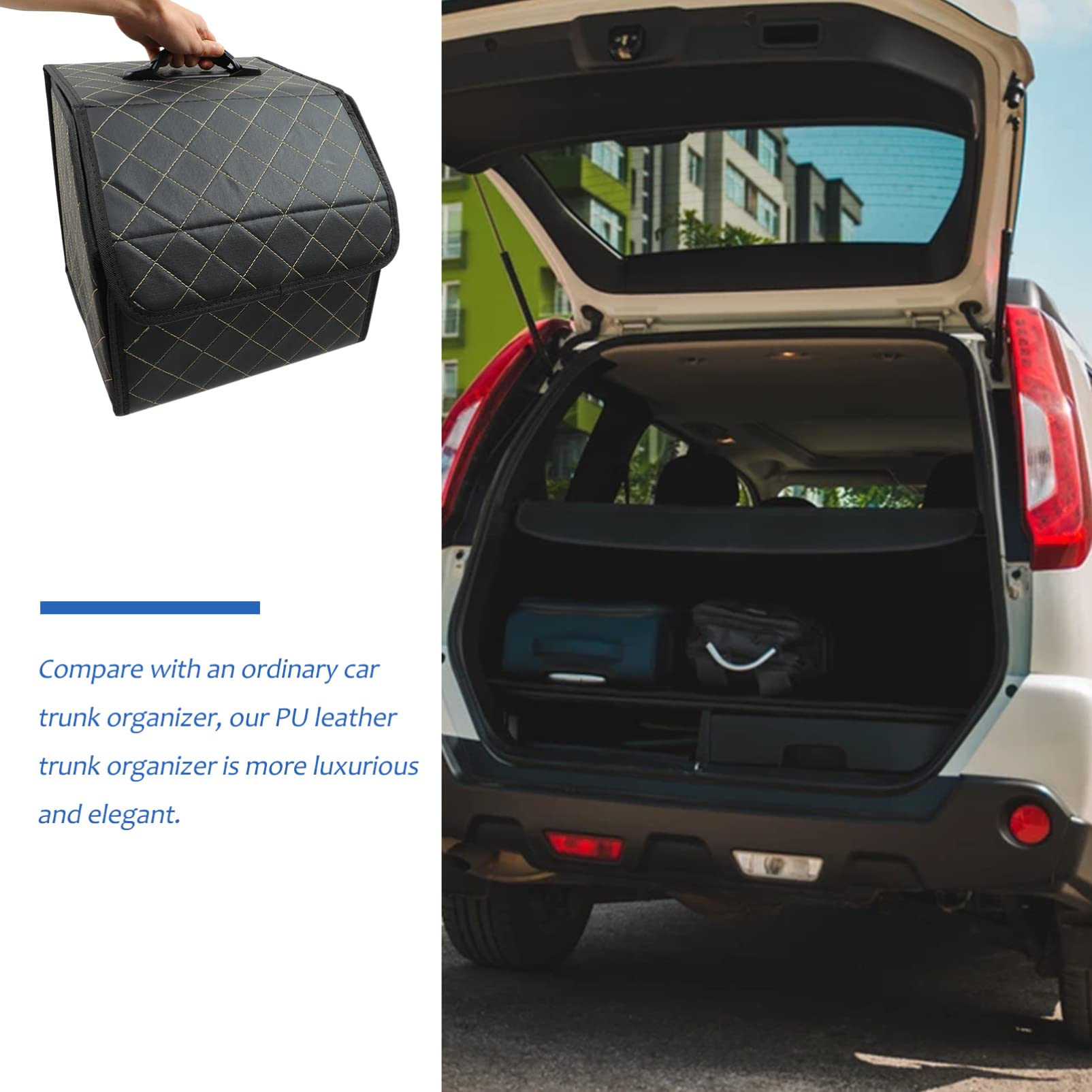 OUNONA Organizer per Bagagliaio Auto in Cuoio Nero, Resistente All'acqua e Facile da Pulire, Scatola Pieghevole Elegante e Lussuosa per Vano Portabagagli