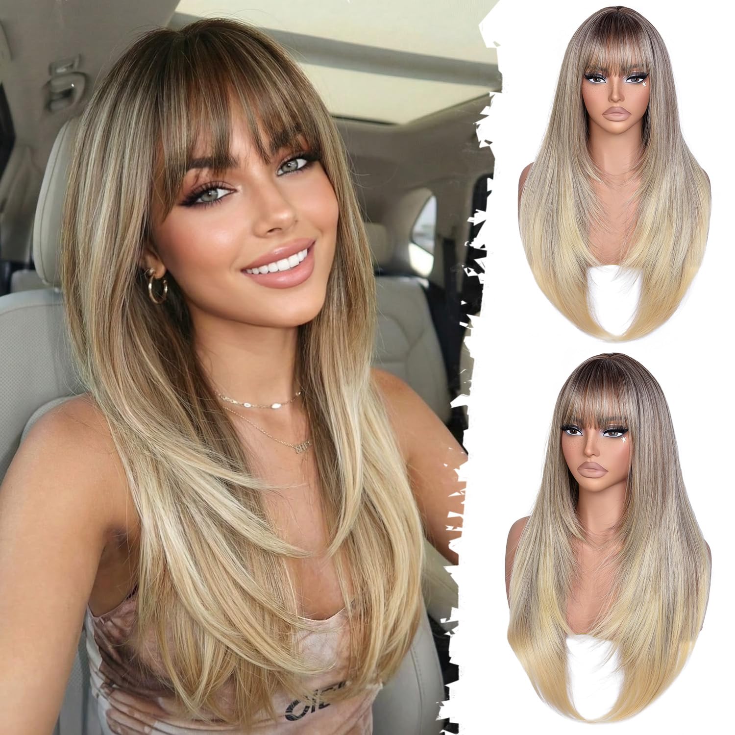 Wig with Bangs Long Layered Straight Wigs for Women, Realistic Scalp, Free Parting, Heat Resistant Synthetic Wig for Daily Party Use(Ombre Blonde, 26 Inch)